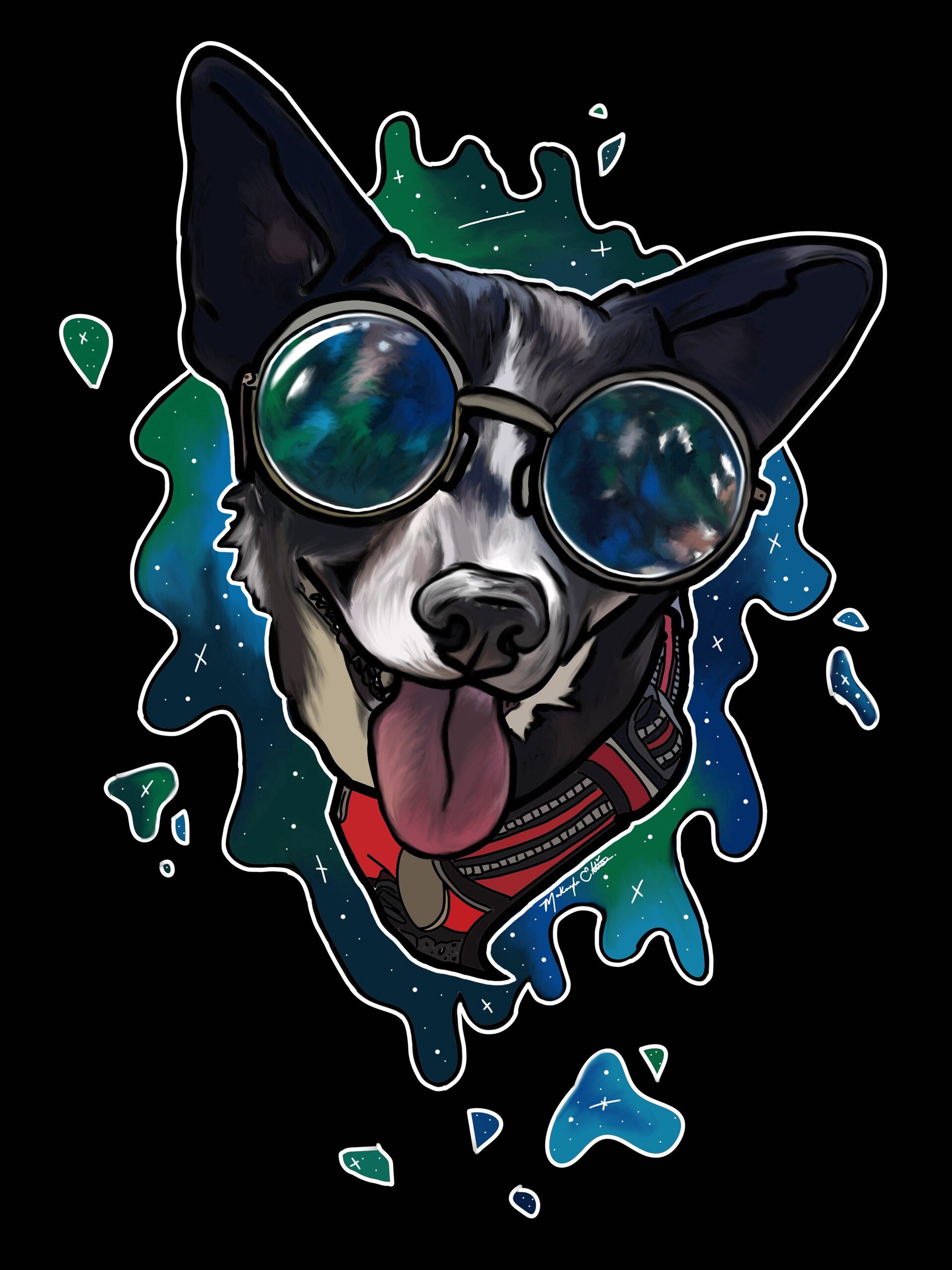 art, dog, tongue stuck out, protruding tongue, glasses, spectacles, collar 4K