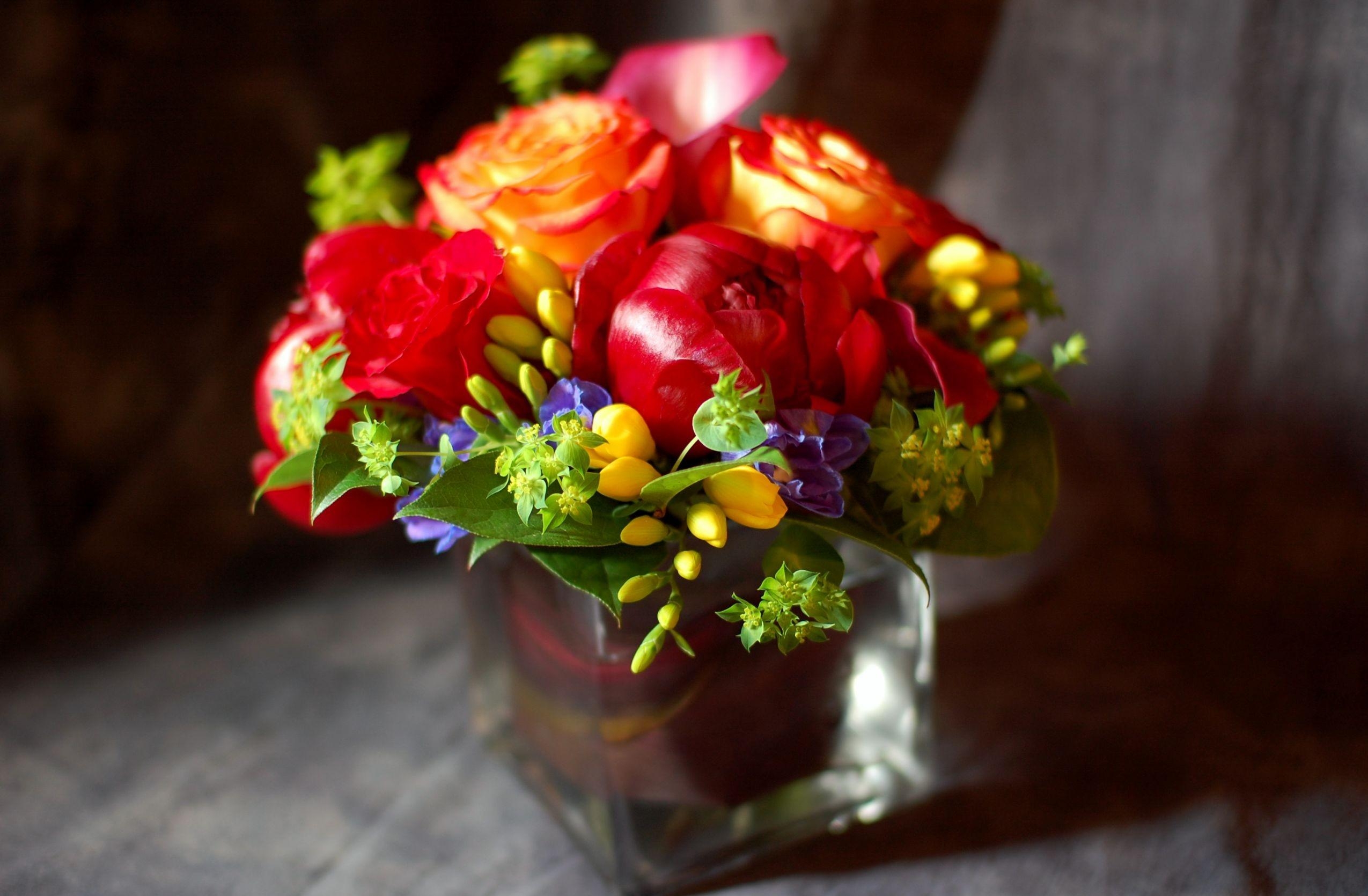 flowers, roses, bouquet, glass, composition, freesia for android