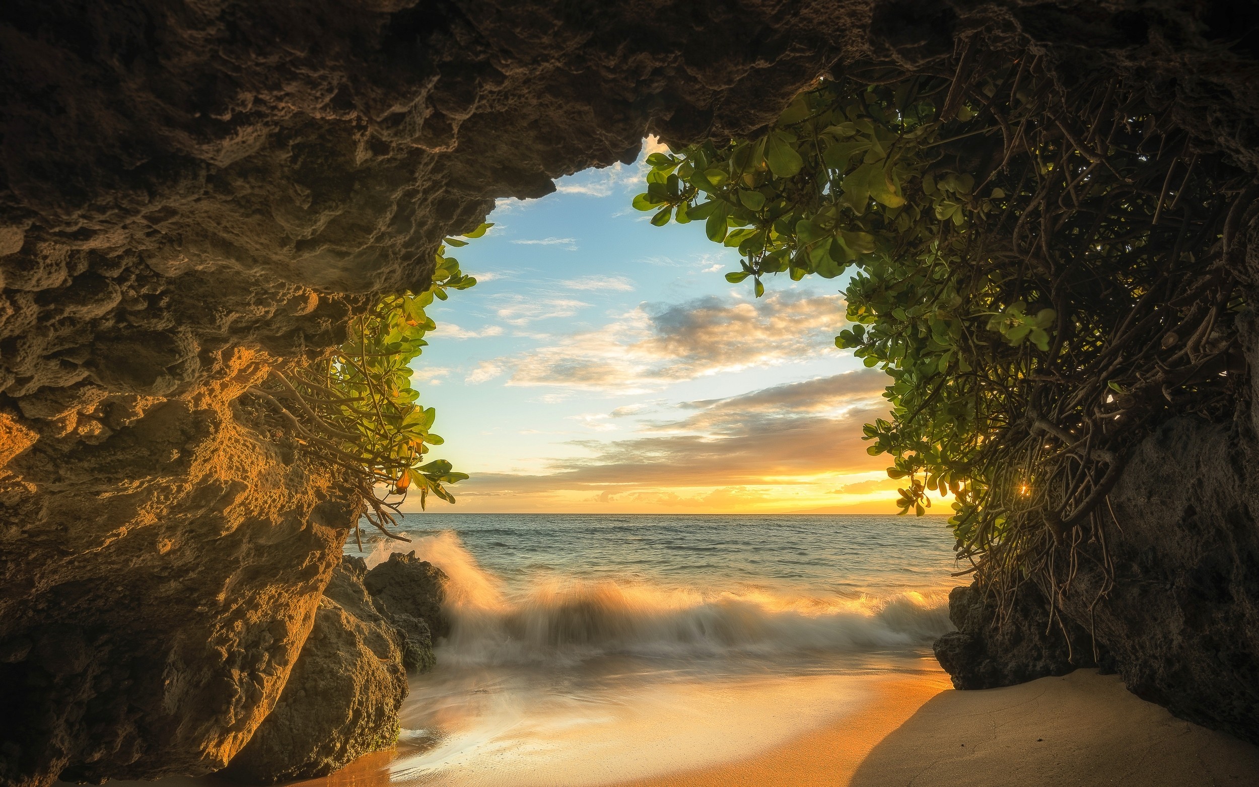 Free download wallpaper Sunset, Sea, Beach, Caves, Horizon, Ocean, Earth, Cave on your PC desktop