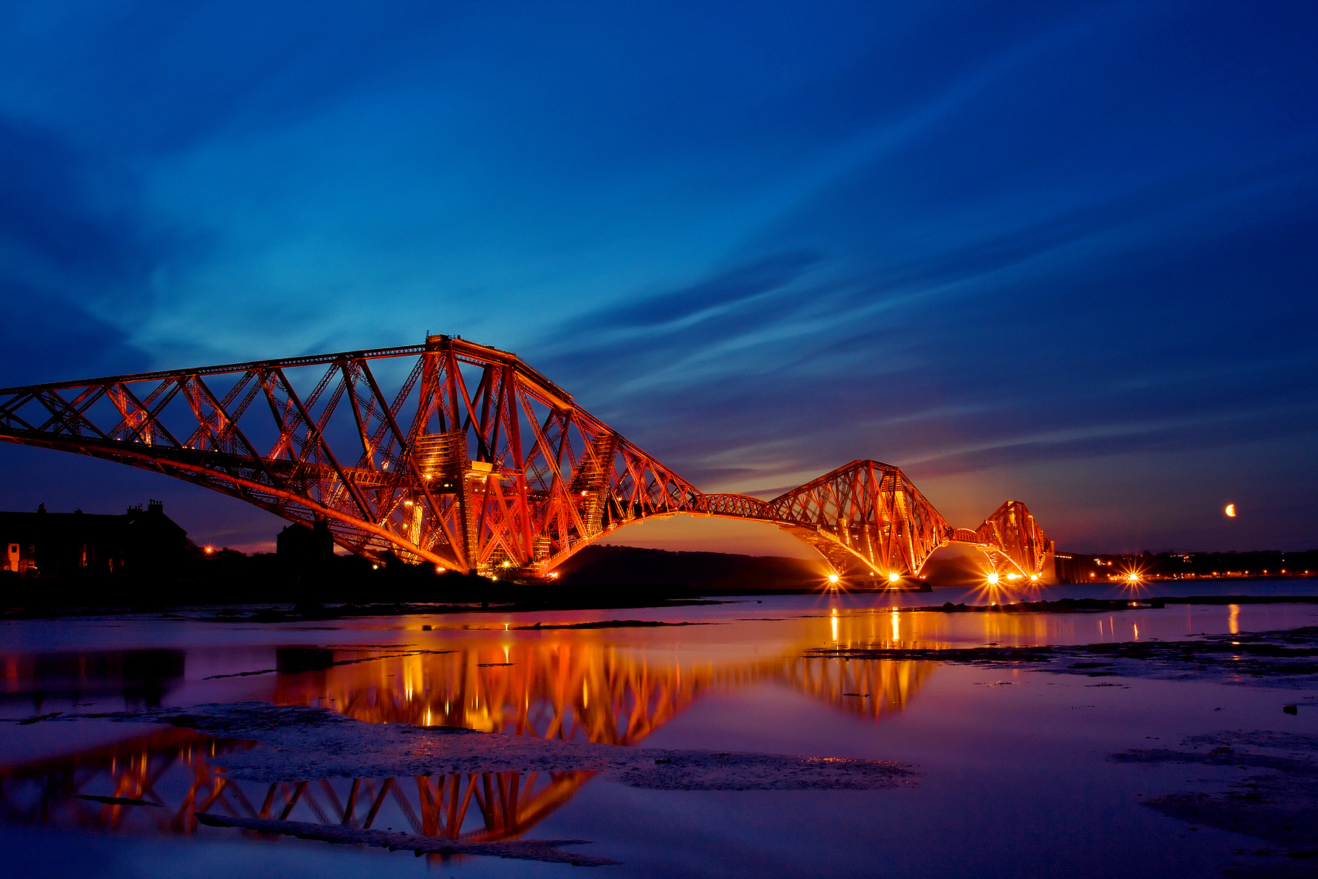 254059 скачать обои закат, сделано человеком, форт бридж, мост, эдинбург, ночь, шотландия, мосты - заставки и картинки бесплатно