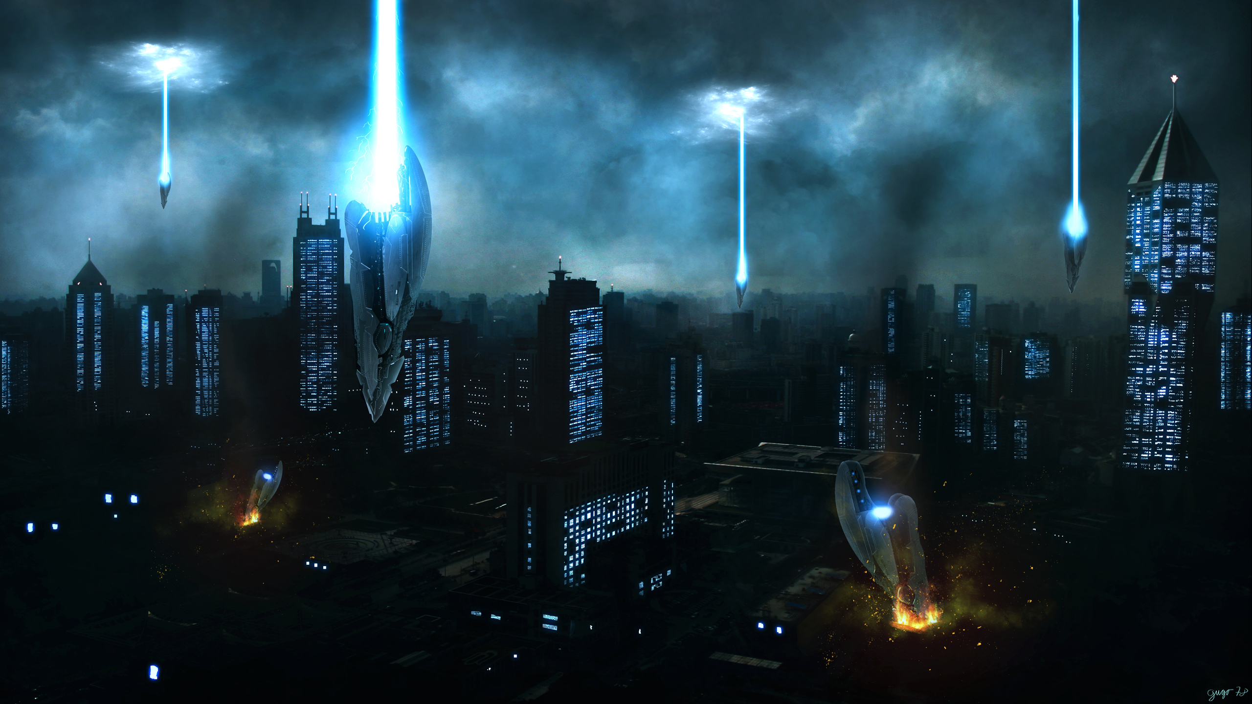 Нападение инопланетян. Инопланетный город. Вторжение инопланетян. Корабль пришельцев. Космический корабль над городом.