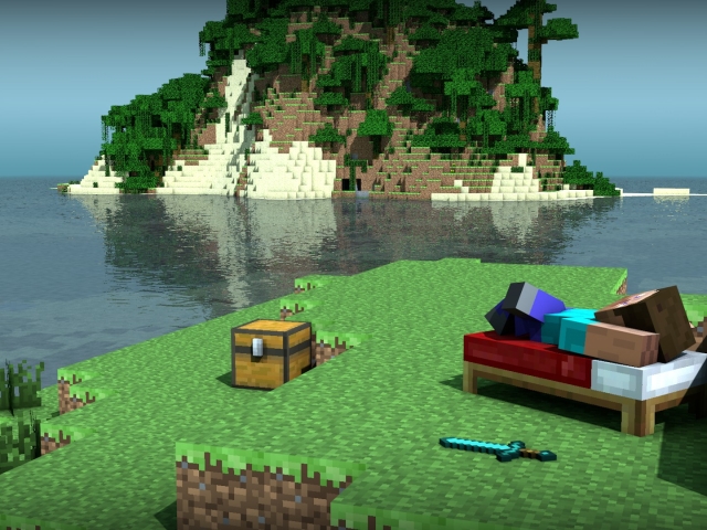 video game, minecraft, bed, steve (minecraft), island, chest Desktop Wallpaper