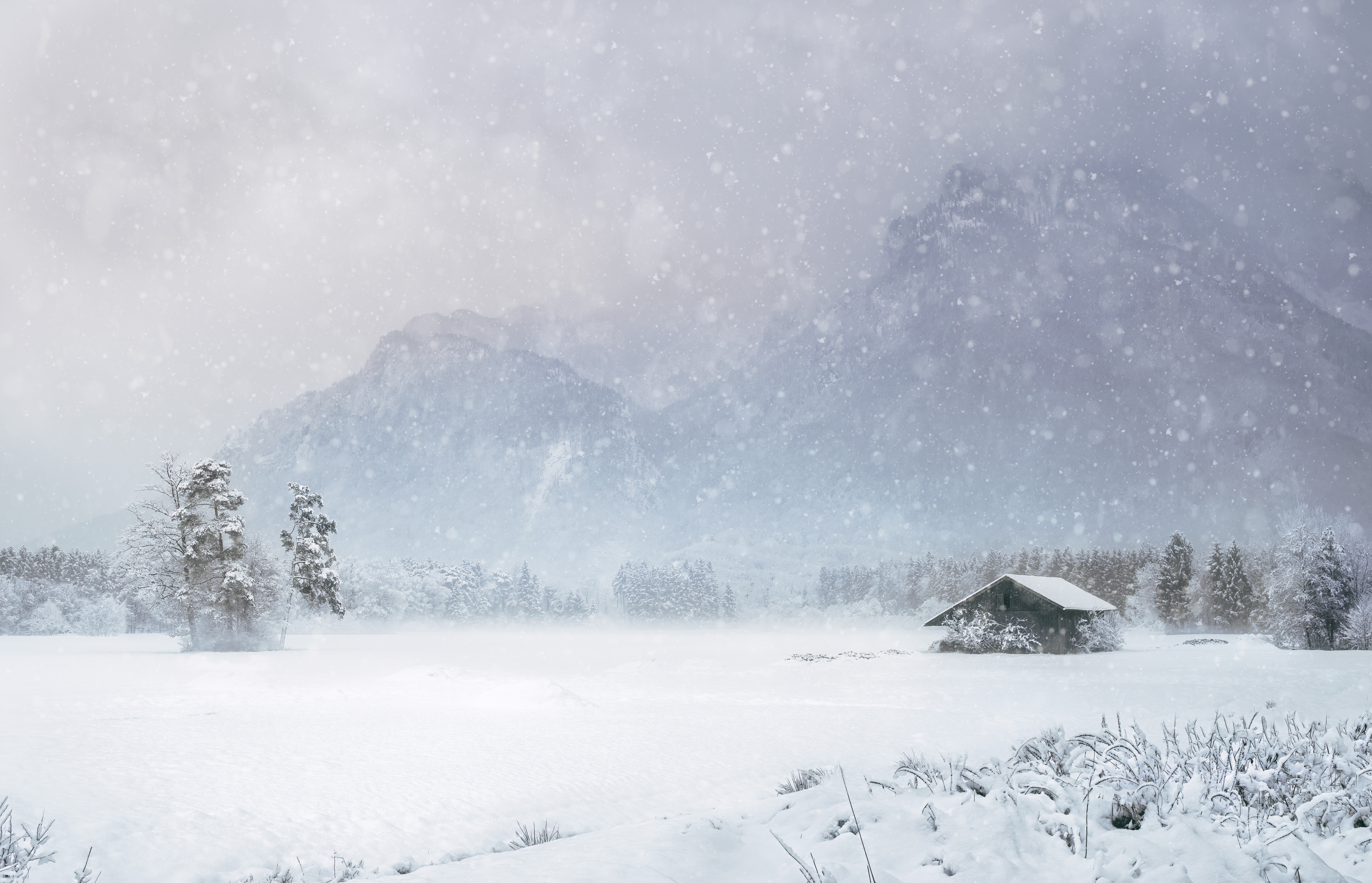Download mobile wallpaper Snowstorm, Lodge, Winter, Snow, Nature, Mountains, Small House for free.