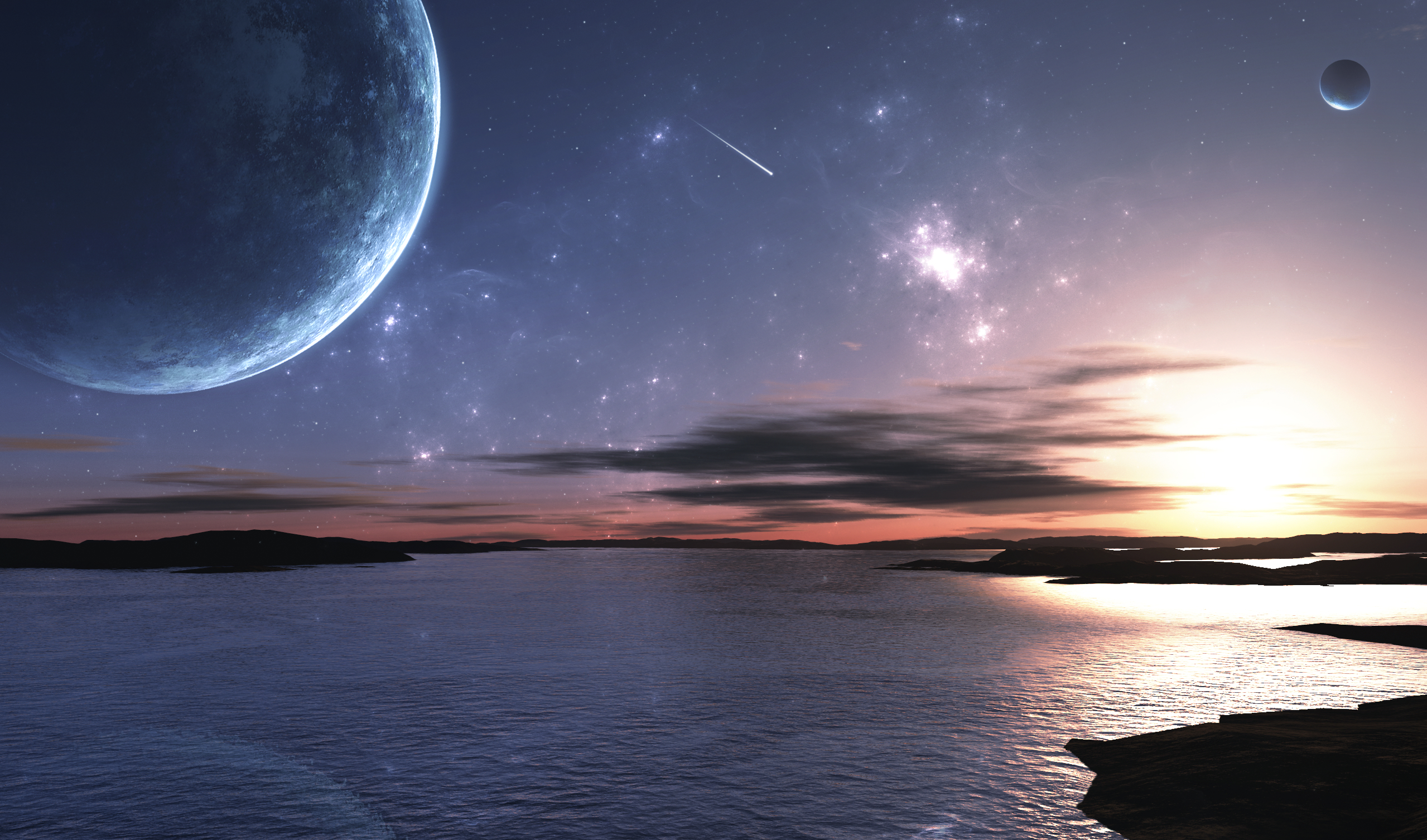 shooting star, sunset, landscape, sci fi, ocean, planet, space download HD wallpaper
