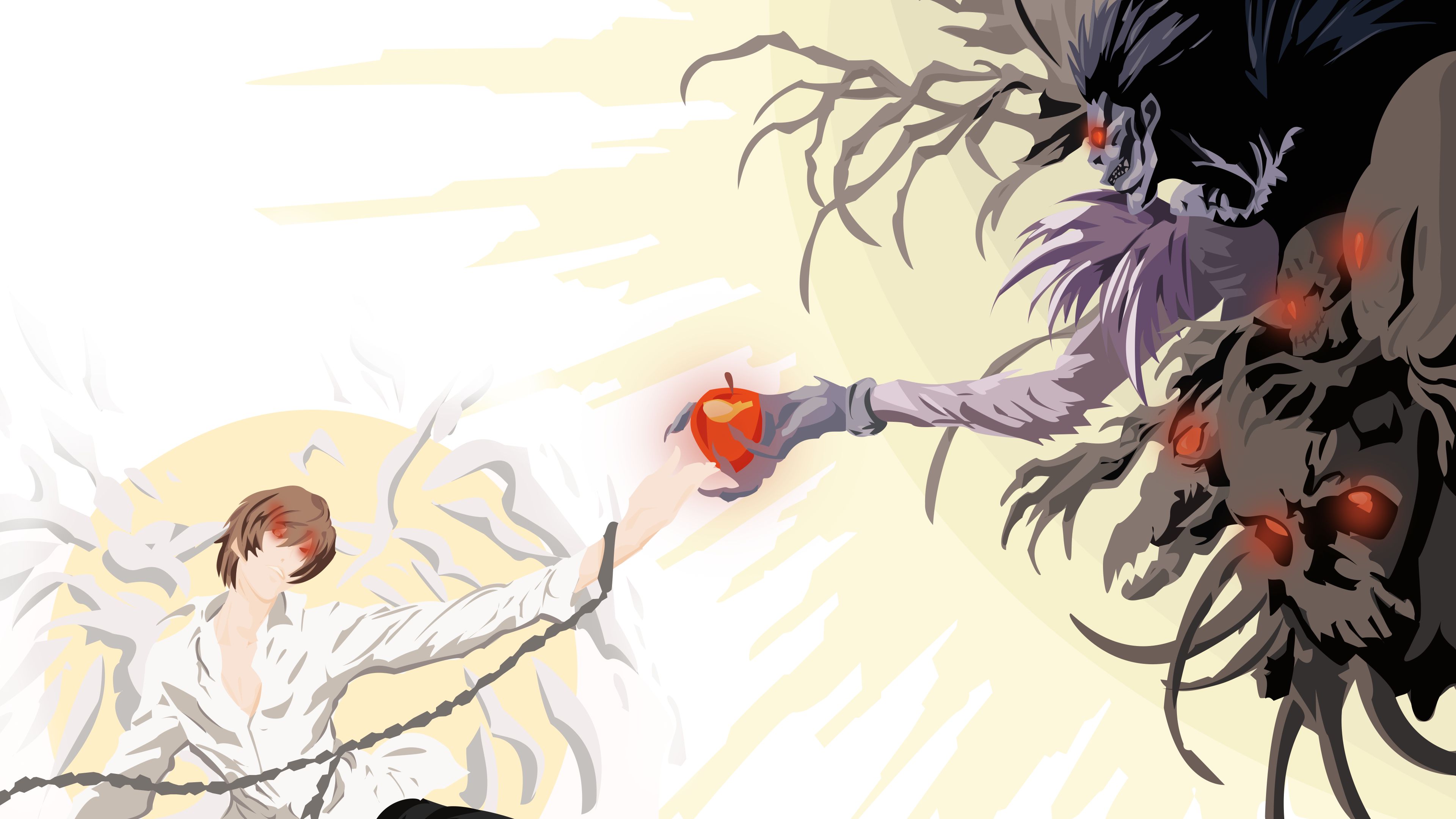 anime, death note, apple, black hair, brown hair, chain, glowing eyes, kira (death note), light yagami, red eyes, ryuk (death note), shinigami, smile Full HD