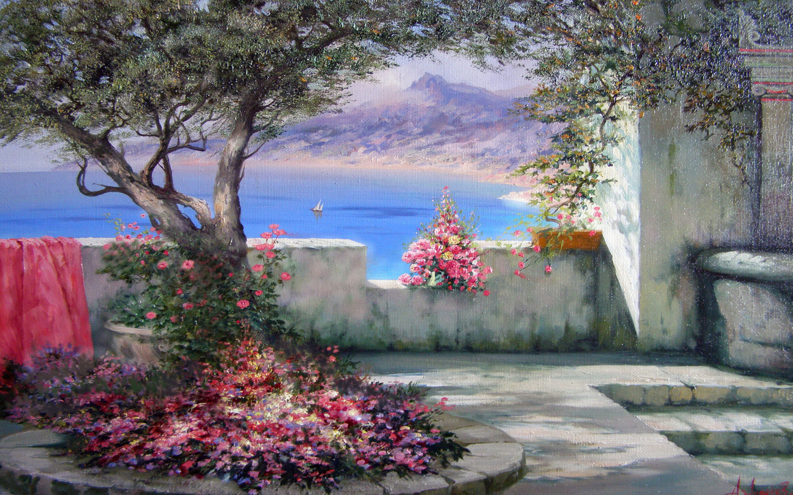 artistic, painting, colorful, courtyard, ocean desktop HD wallpaper