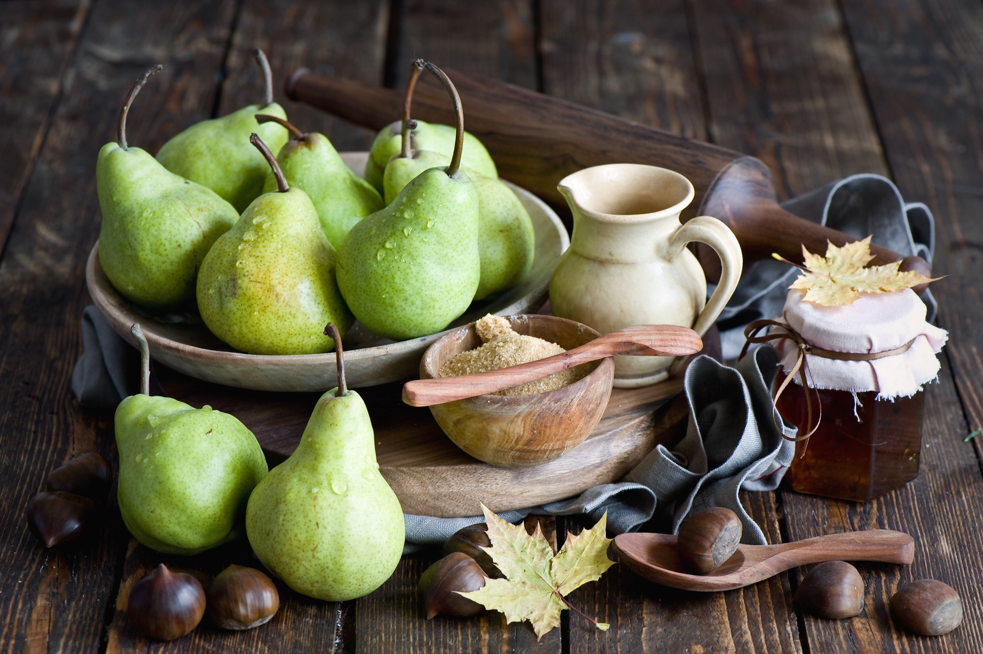 food, pears, chestnuts, honey, sugar