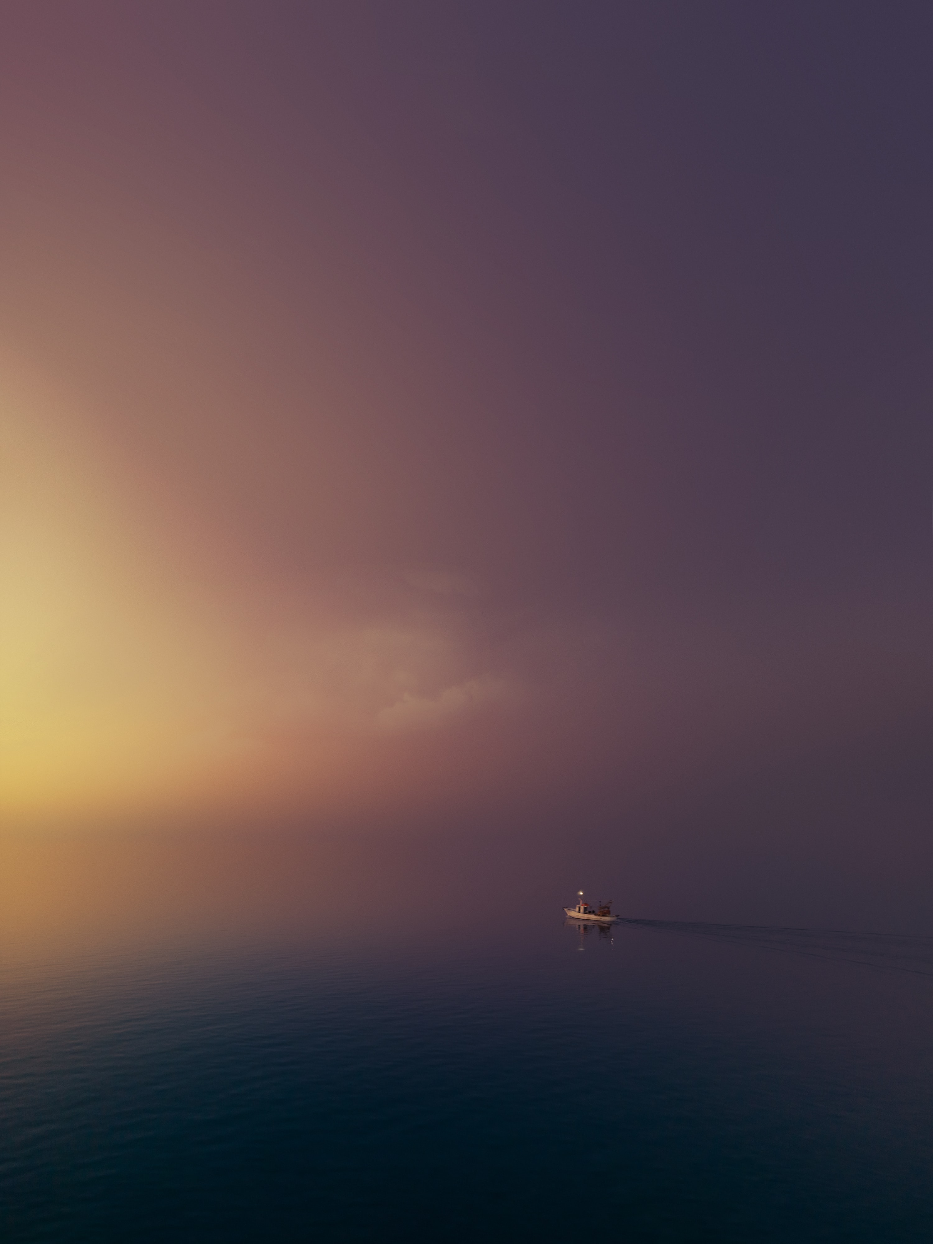 minimalism, boat, sky, sunset, water, fog 4K
