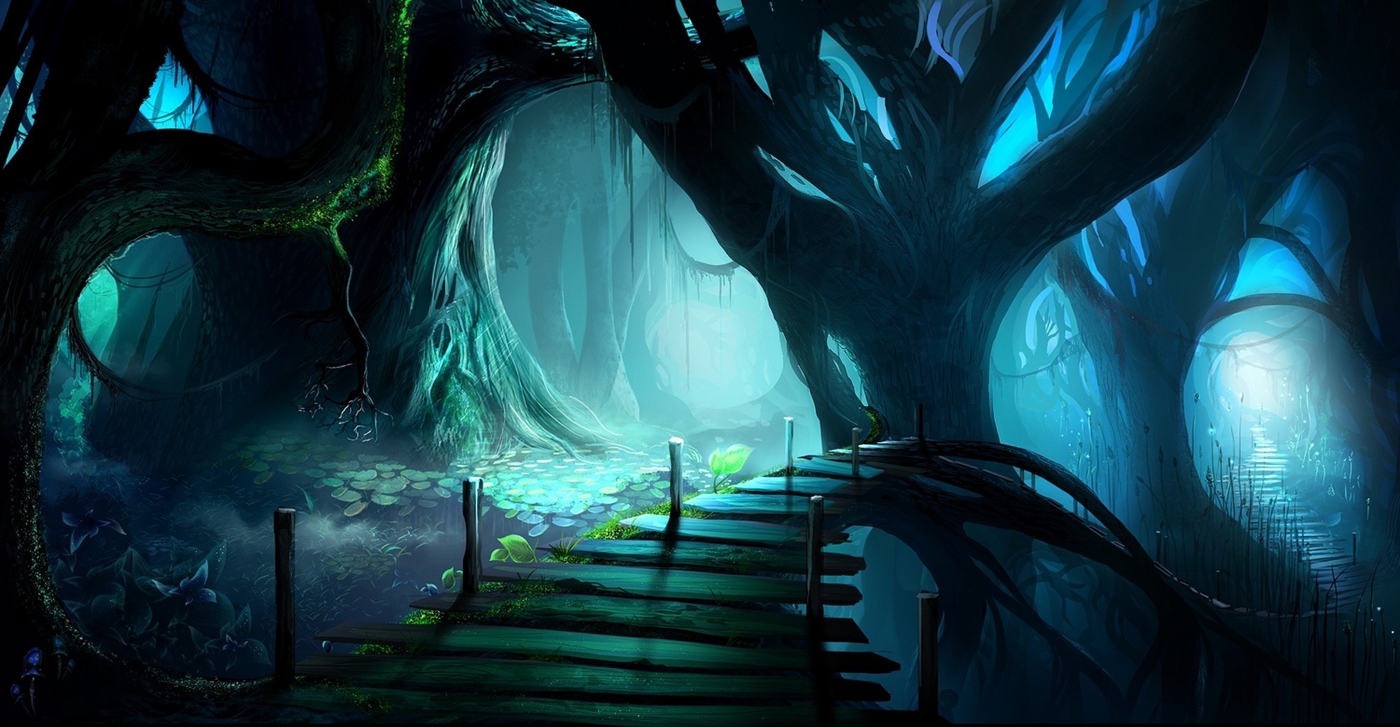 Full HD fantasy, forest, tree, bridge, dark, spooky