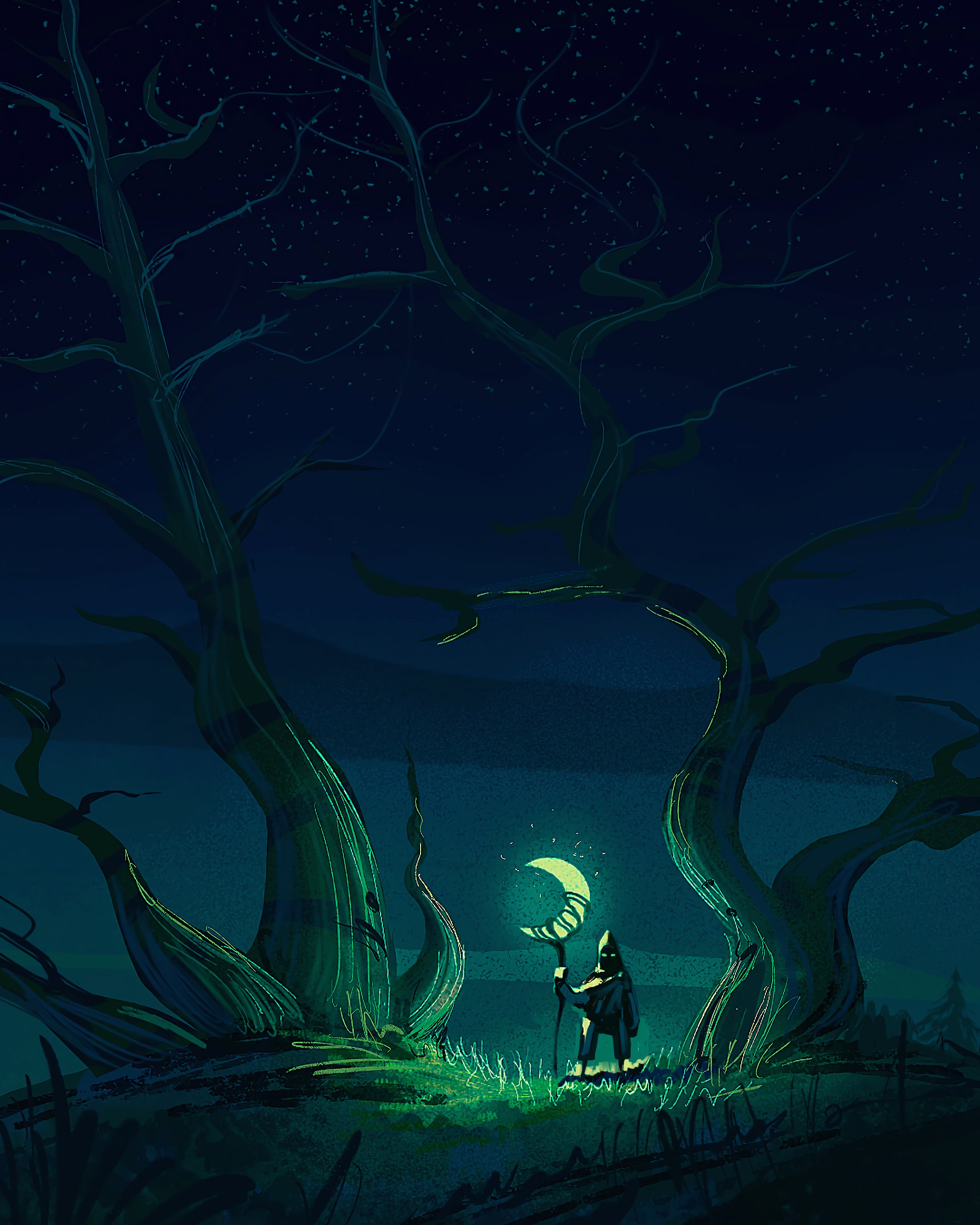 glow, art, moon, wanderer, trees, night Phone Background