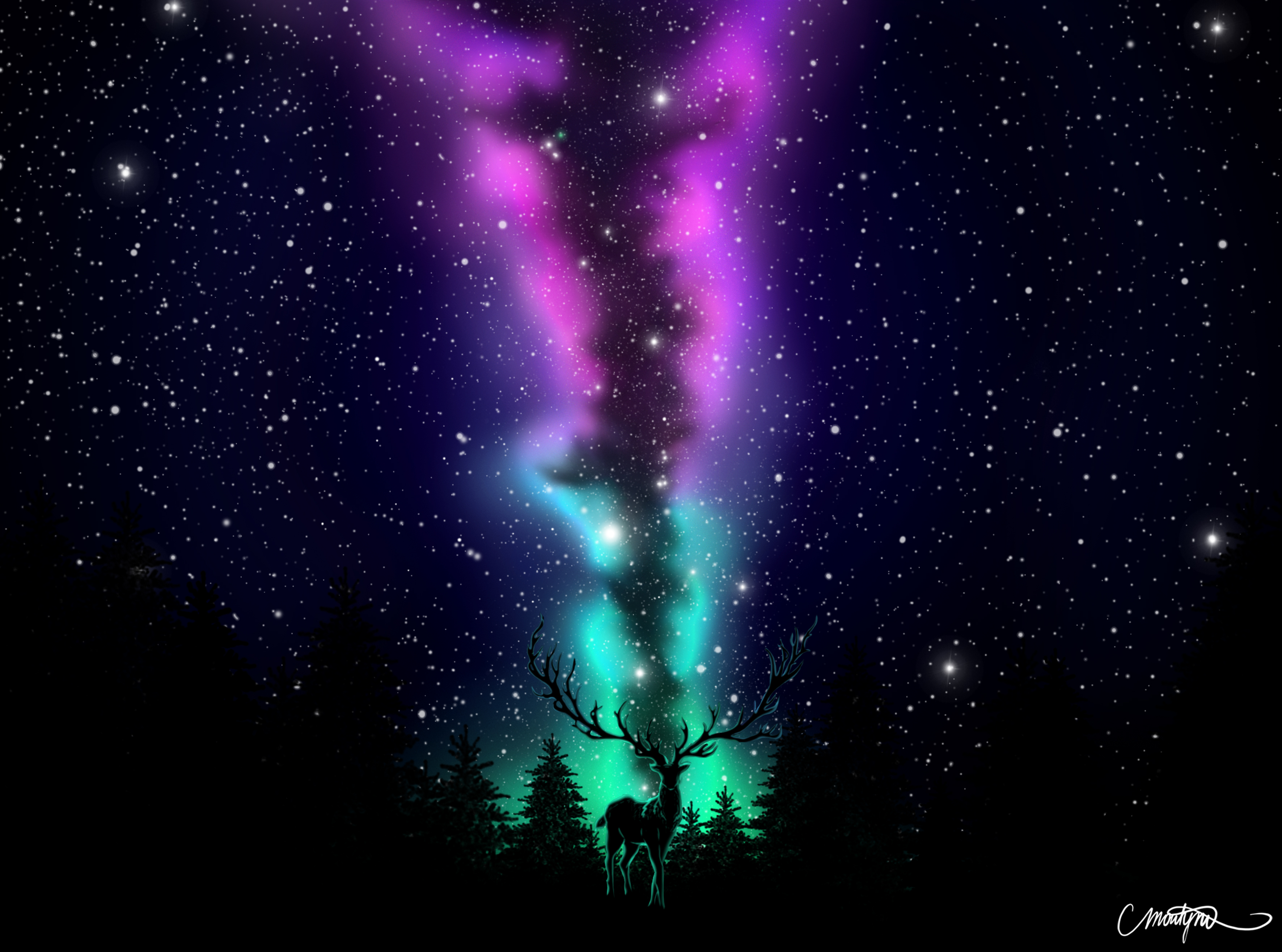 aurora borealis, forest, deer, northern lights, art, dark