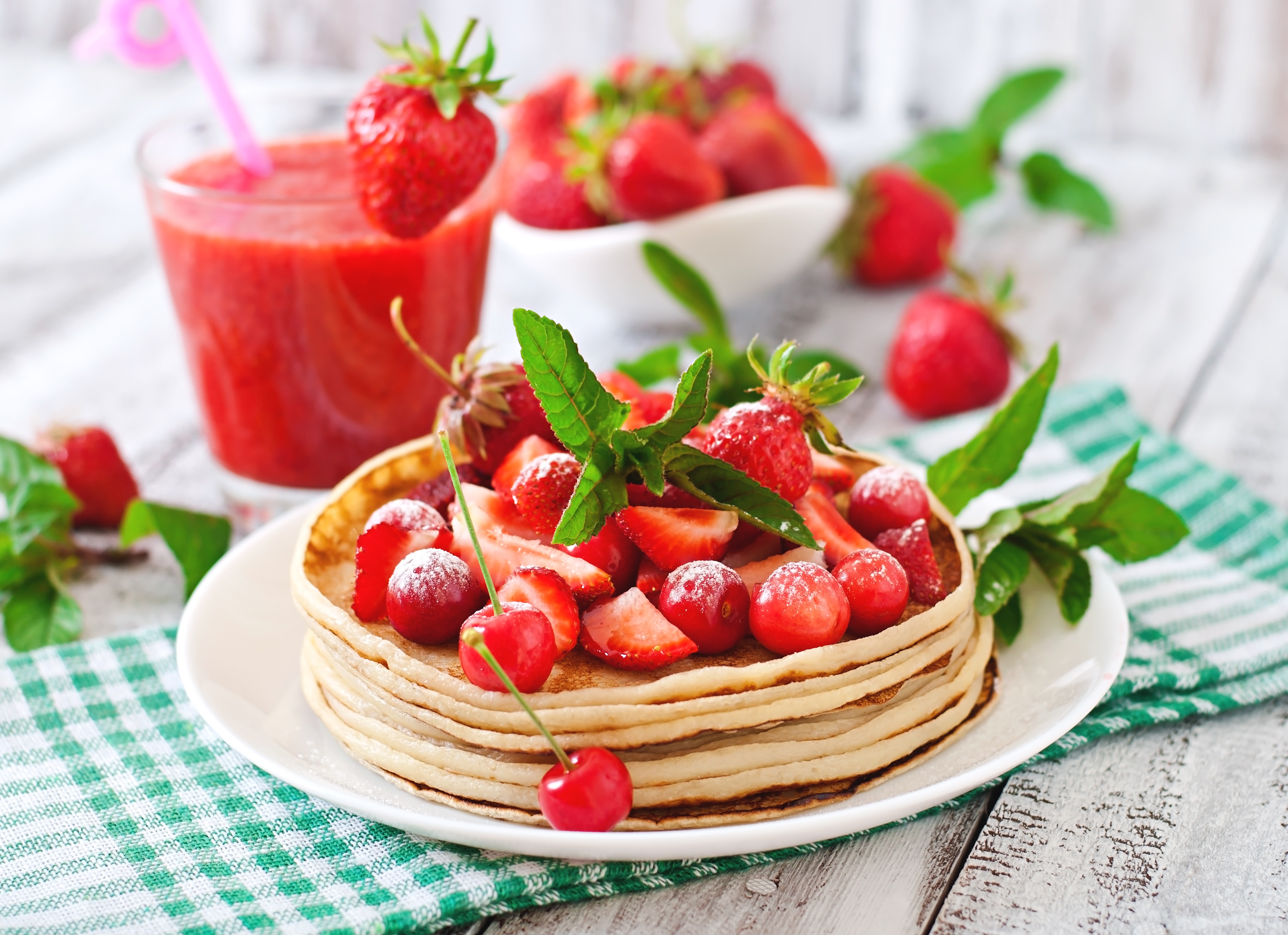 Download mobile wallpaper Food, Strawberry, Cherry, Still Life, Berry, Breakfast, Smoothie, Pancake for free.