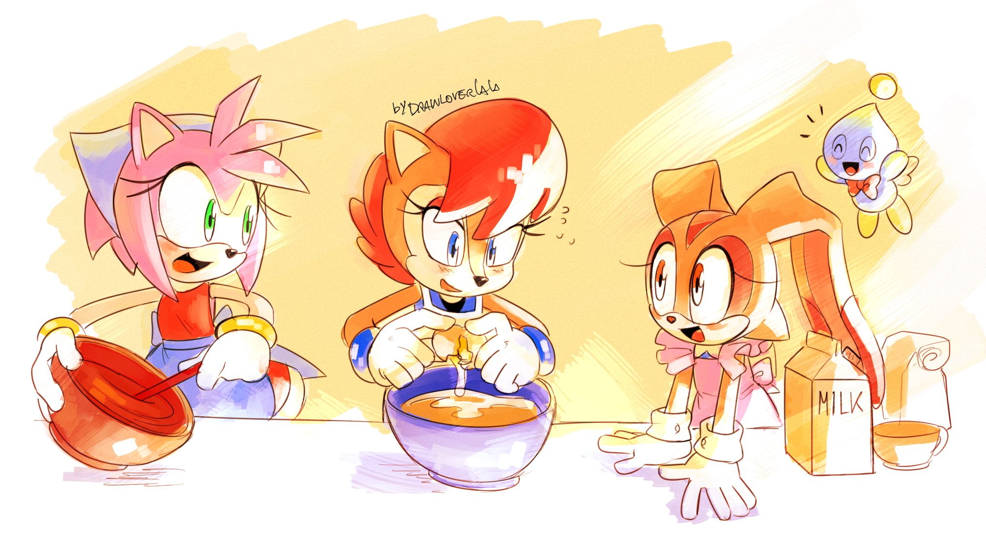 HD wallpaper comics, sonic the hedgehog, amy rose, archie comics, blue eyes, cheese the chao, cooking, cream the rabbit, egg, green eyes, milk, red hair, sally acorn, smile, sonic