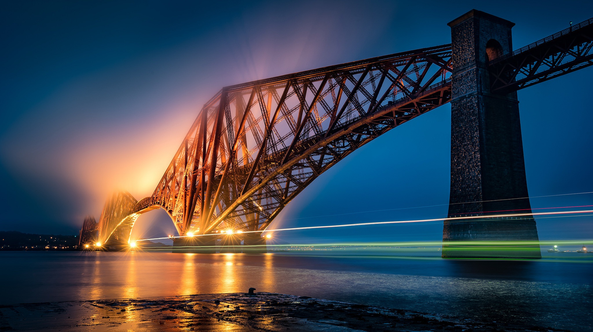 man made, forth bridge, edinburgh, light, night, scotland, bridges