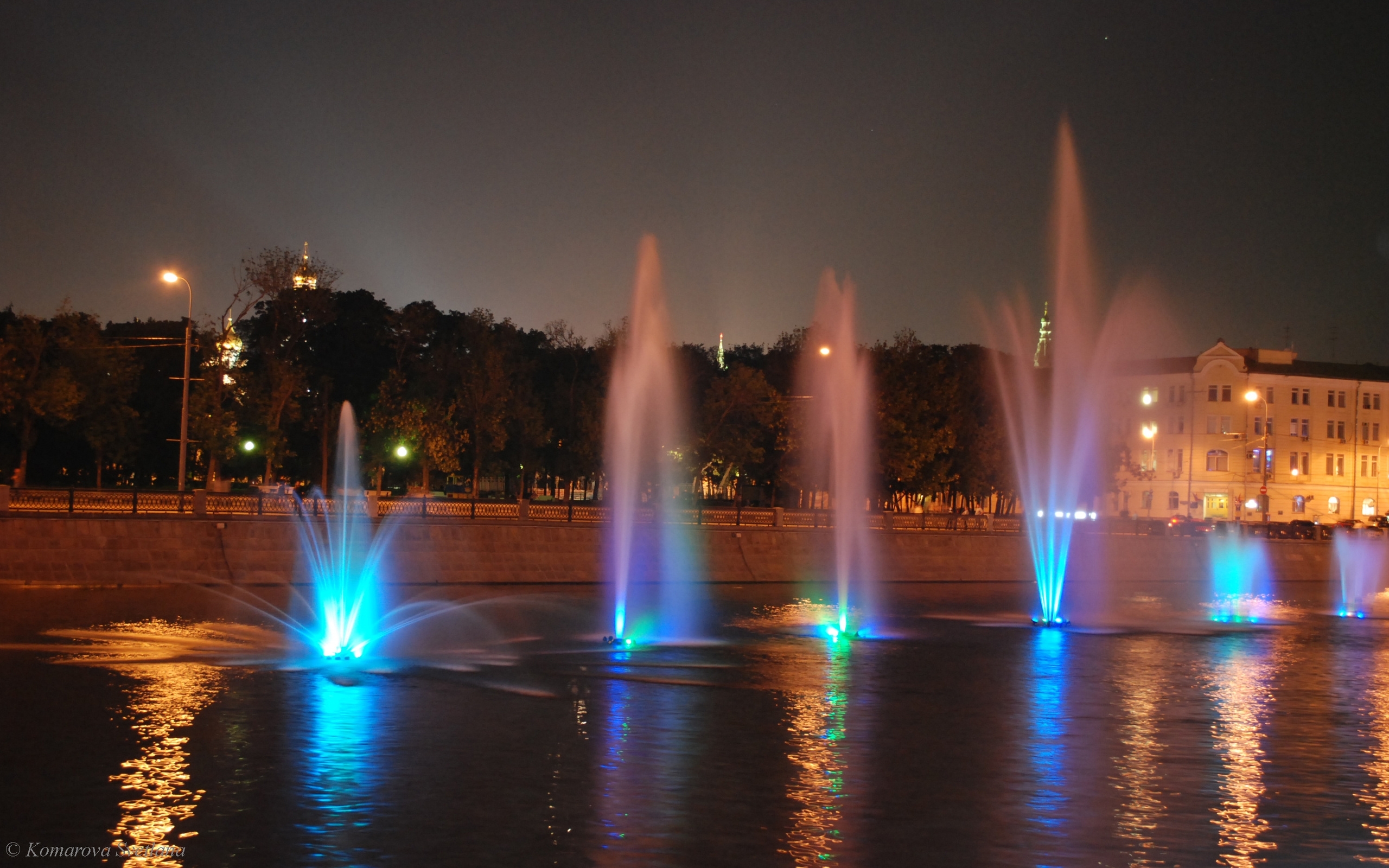 man made, fountain, light, moscow, night, river