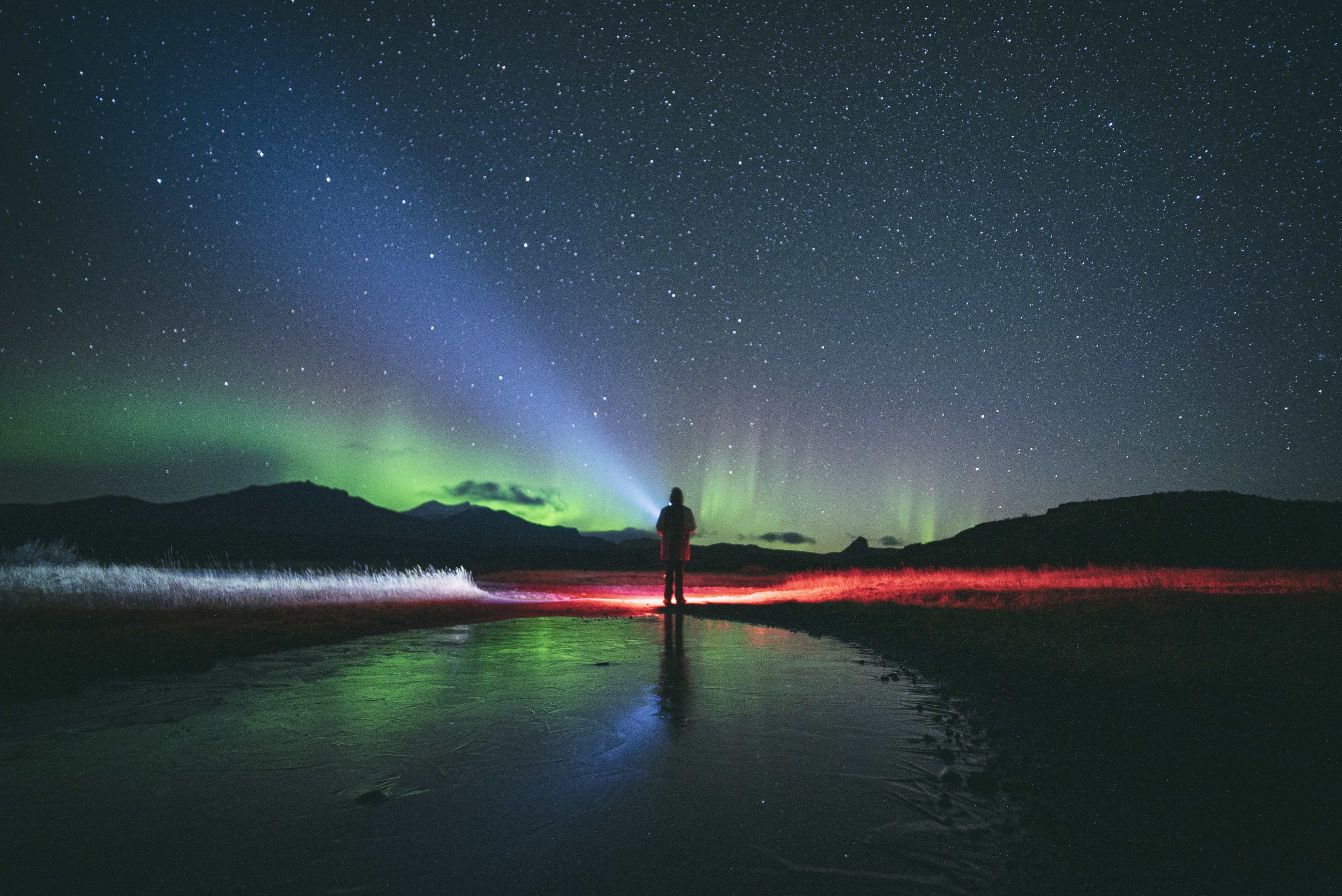night, dark, silhouette, starry sky, northern lights, aurora borealis Image for desktop