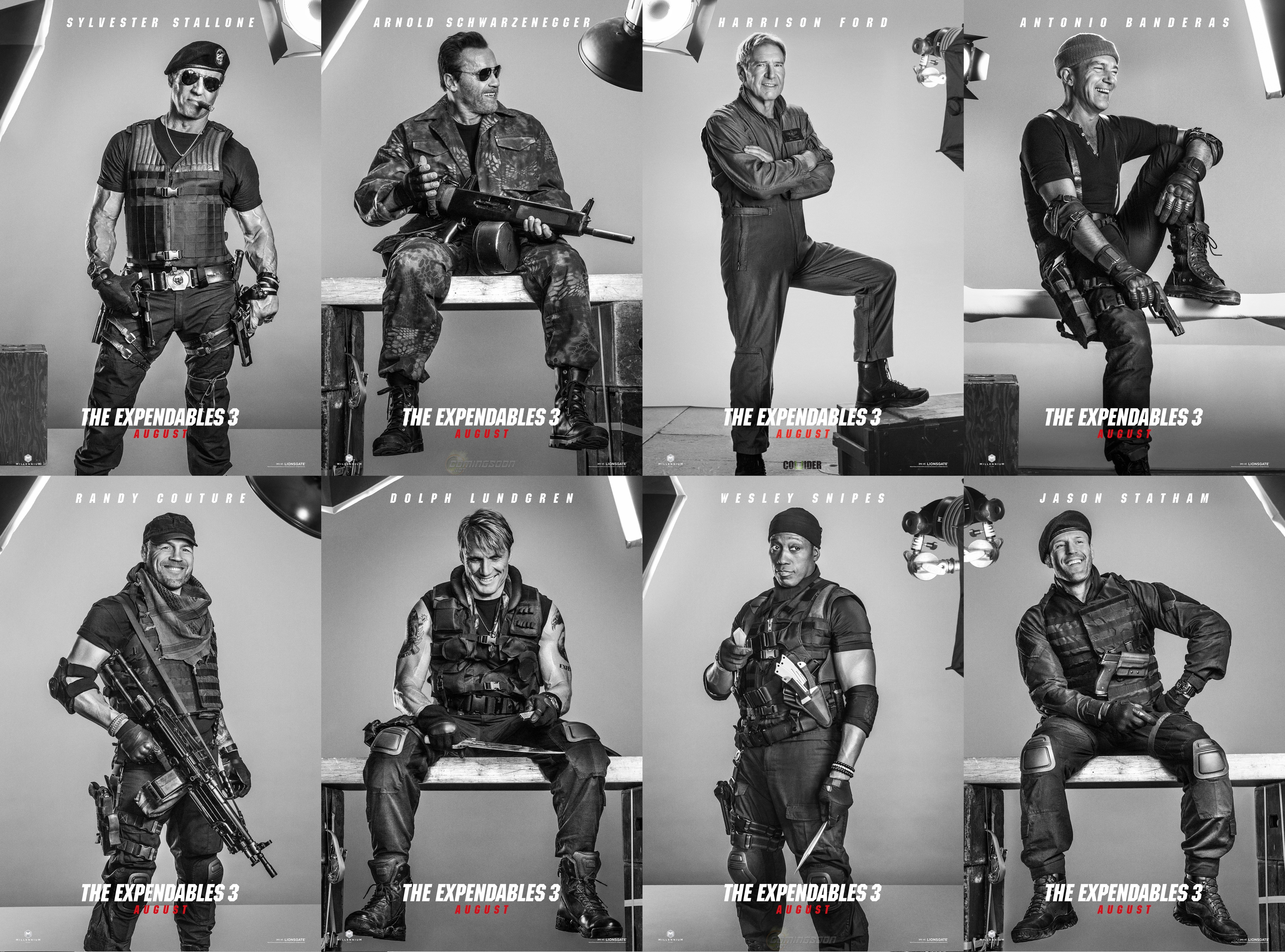 harrison ford, wesley snipes, movie, the expendables 3, antonio banderas, arnold schwarzenegger, barney ross, doc (the expendables), dolph lundgren, galgo (the expendables), gunnar jensen, jason statham, lee christmas, max drummer, randy couture, sylvester stallone, toll road, trench (the expendables), the expendables 8K