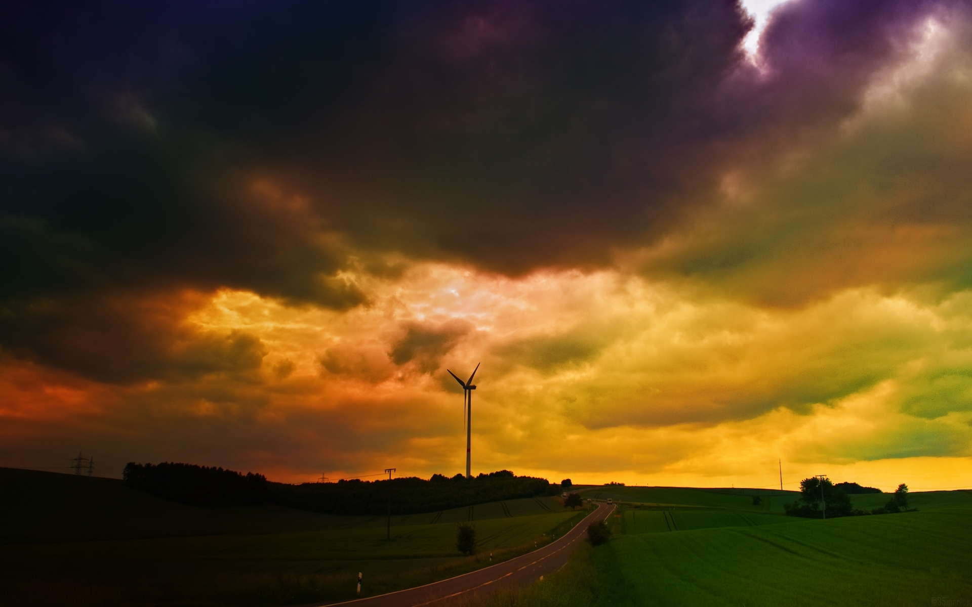country, man made, road, cloud, sky, wind turbine