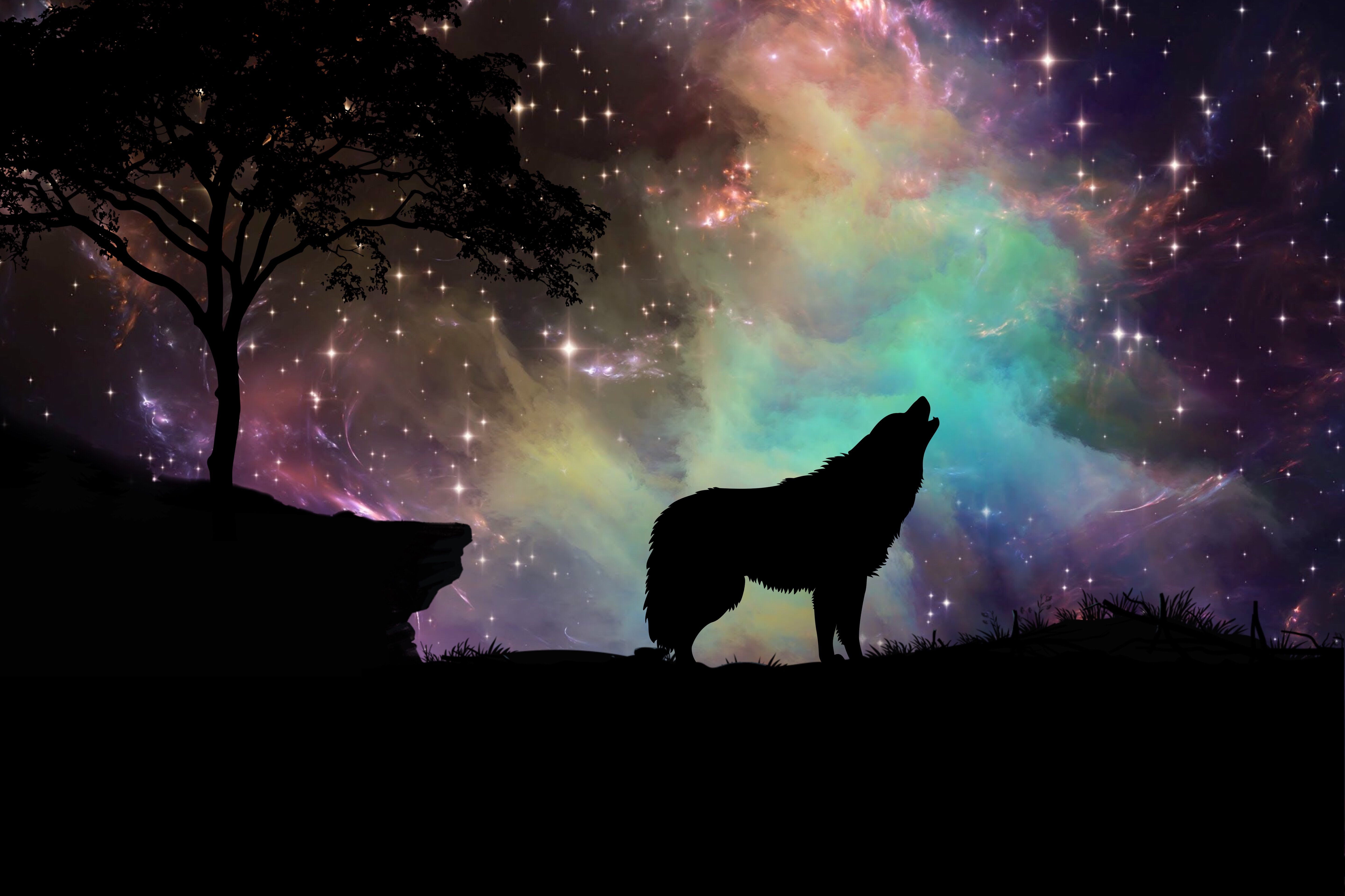 Картина волк воет на луну и Северное сияние