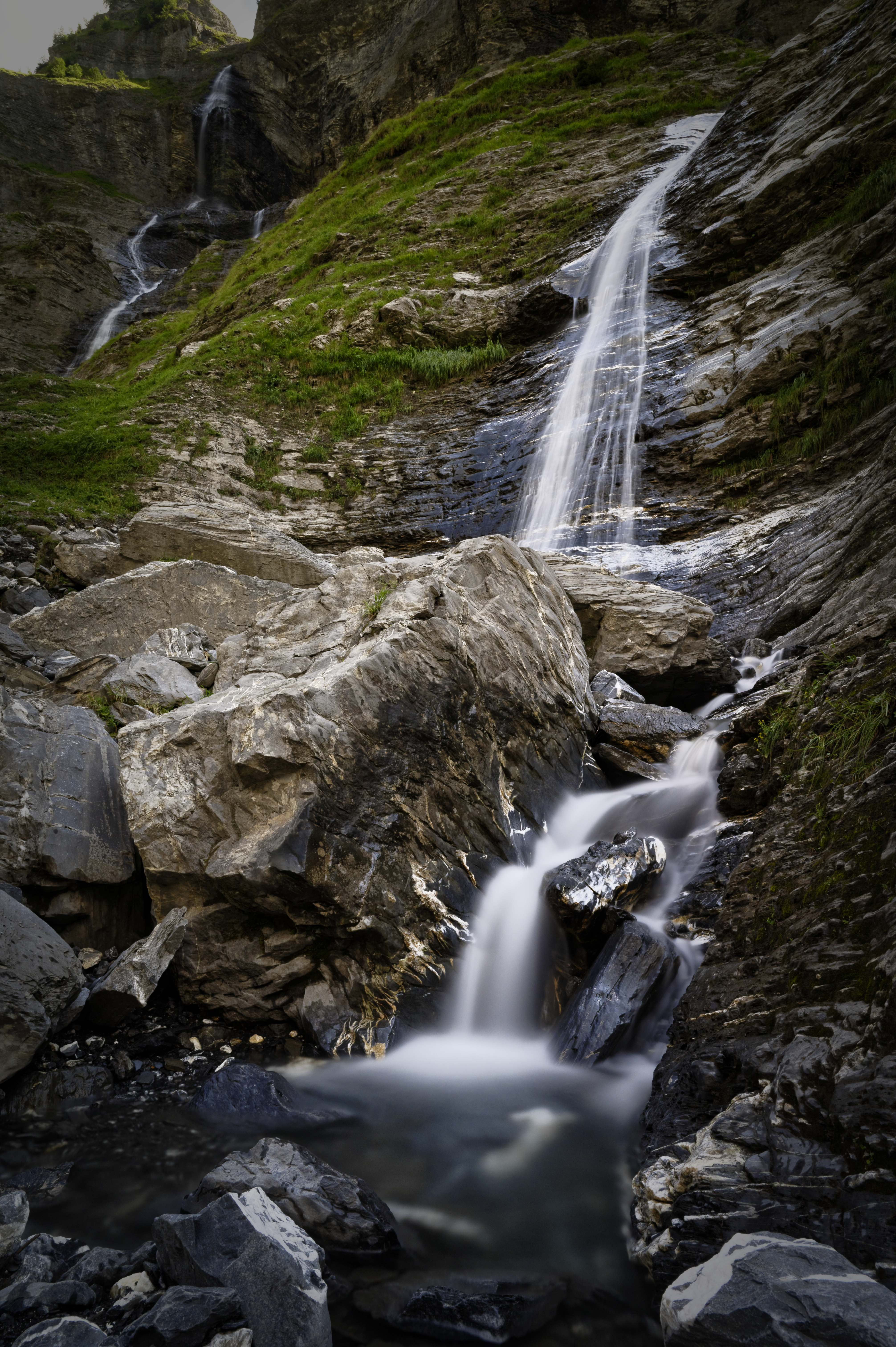 nature, grass, rocks, waterfall, lumps, blocks Smartphone Background