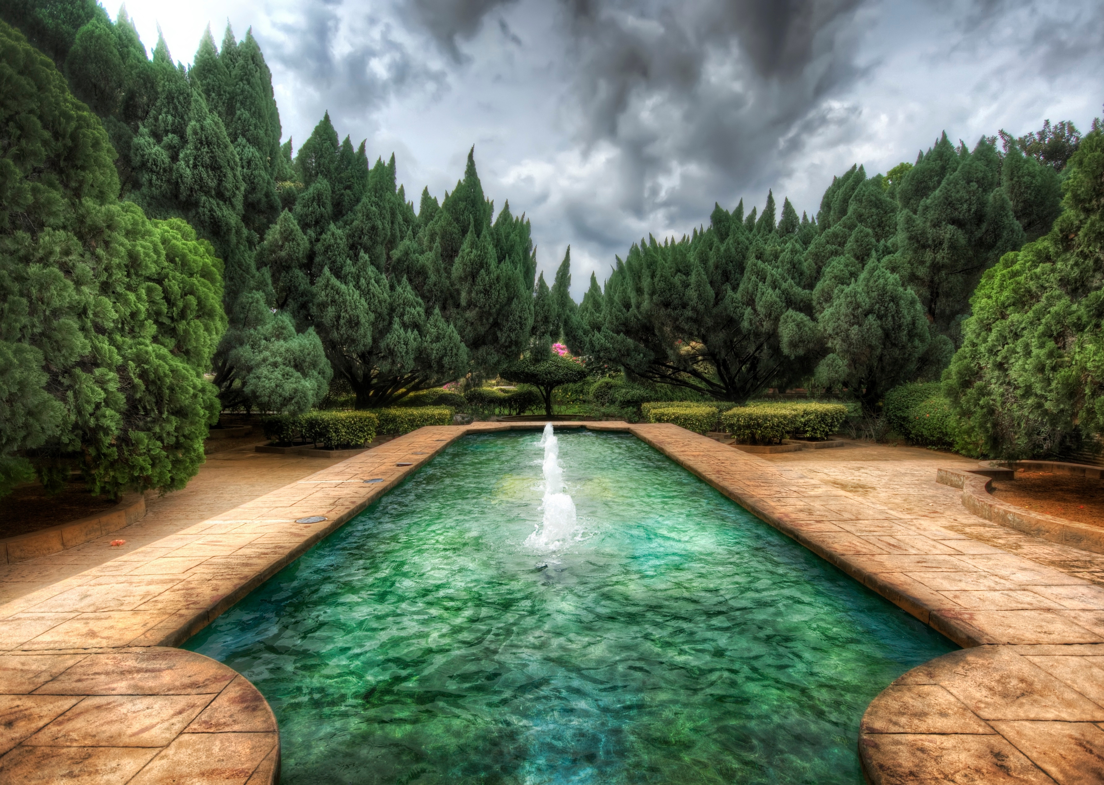 color, nature, fountain, forest, colors, mainly cloudy, overcast, paints, pool 5K