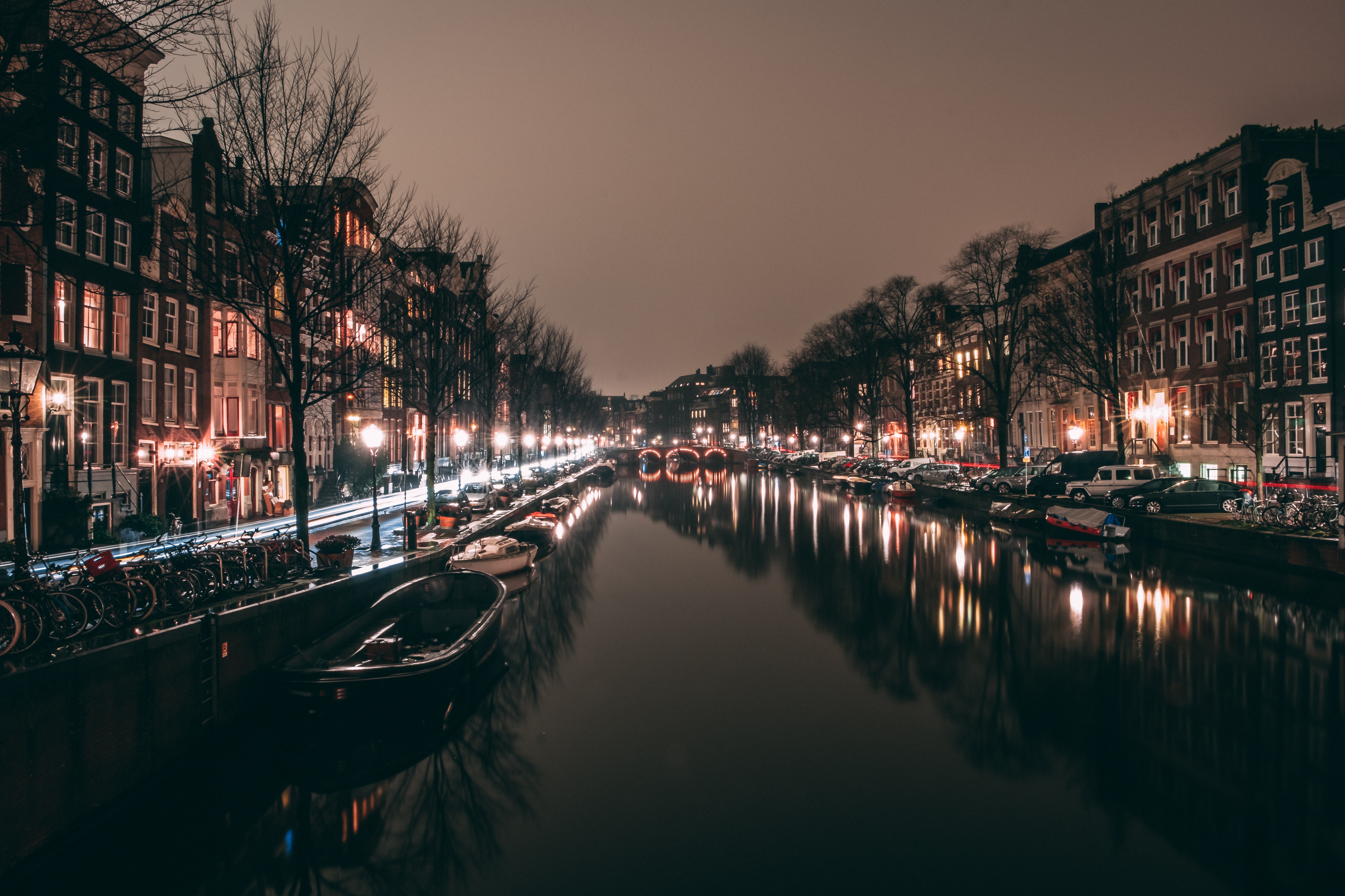 night city, cities, city lights, netherlands, channel, amsterdam