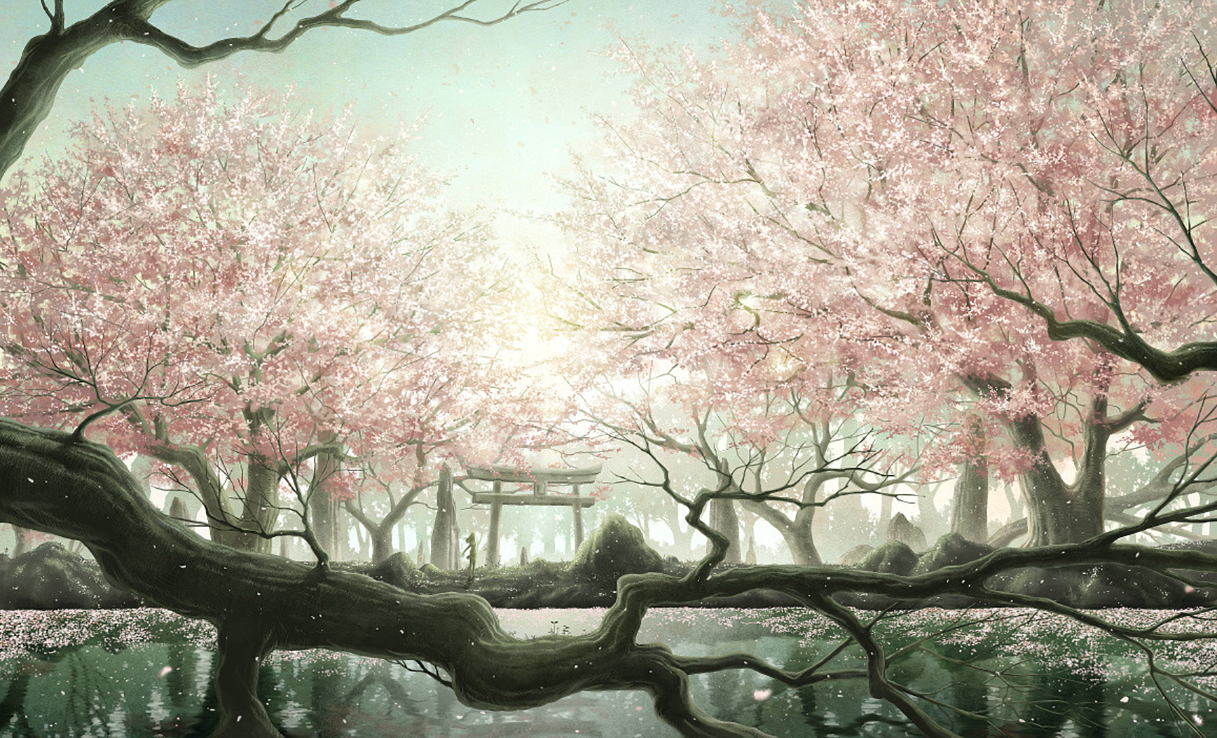 853497 baixar papel de parede anime, original, flor de cerejeira, floresta, portão, lago, céu, brilho do sol, árvore - protetores de tela e imagens gratuitamente