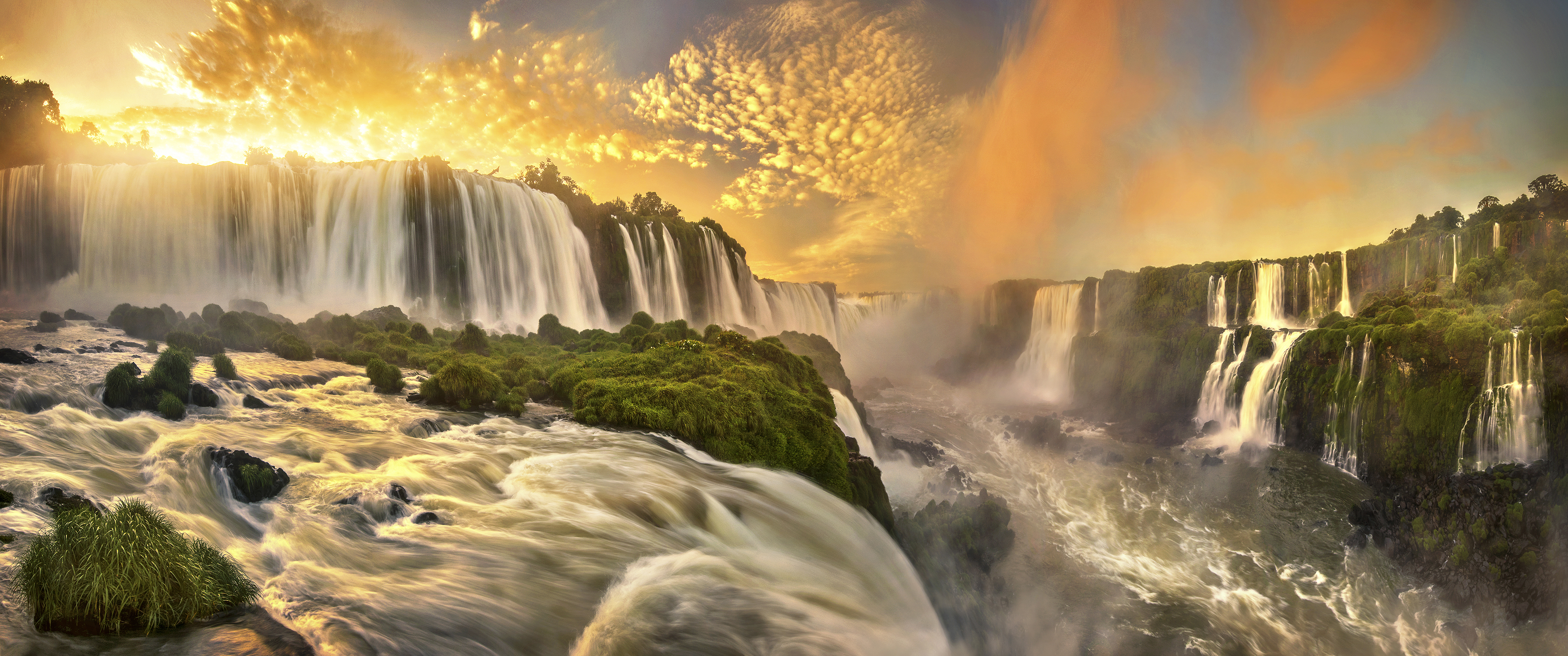 417069壁紙のダウンロード地球, イグアスの滝, ブラジル, グロー, 日没, 滝-スクリーンセーバーと写真を無料で