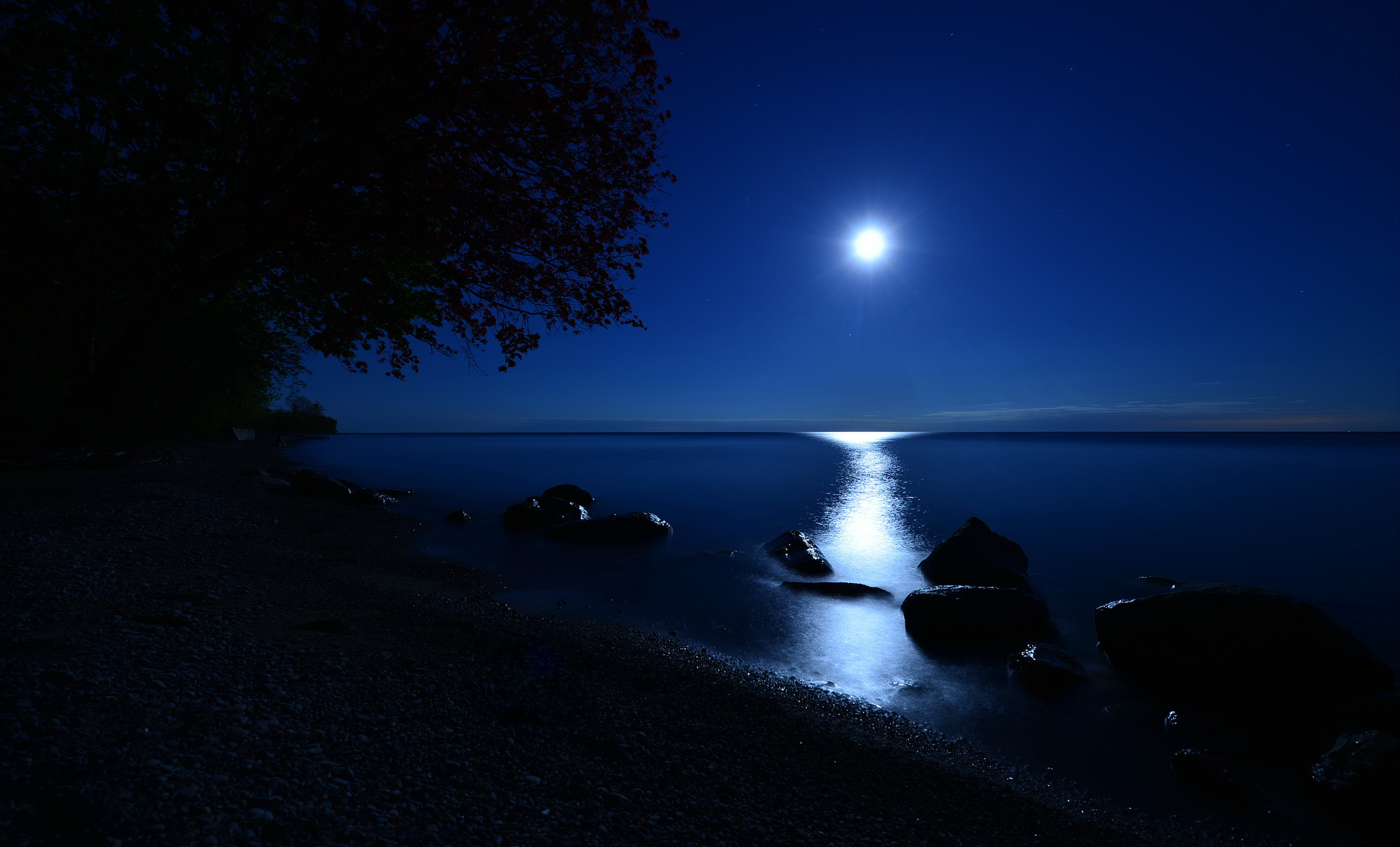 moon, moonlight, earth, night, bay, blue, horizon