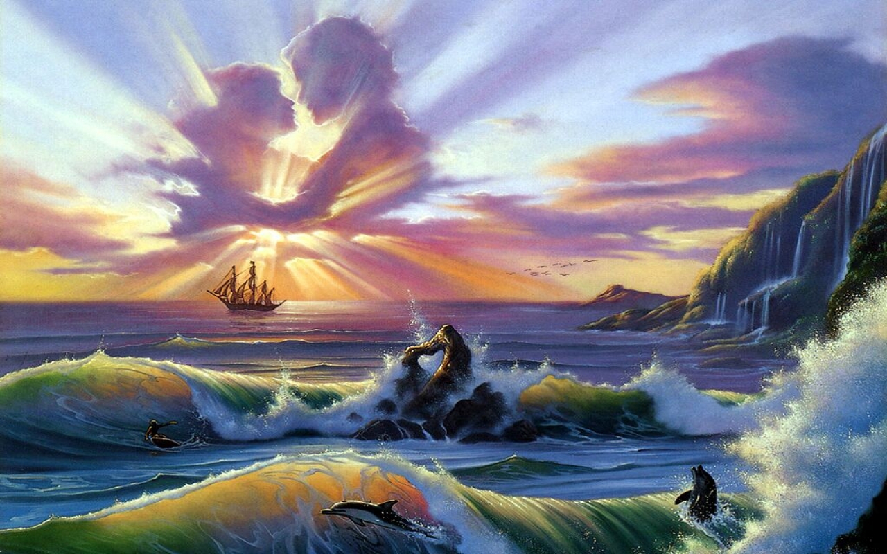 vertical wallpaper dolphin, coastline, love, sea, fantasy, ship, boat, sky