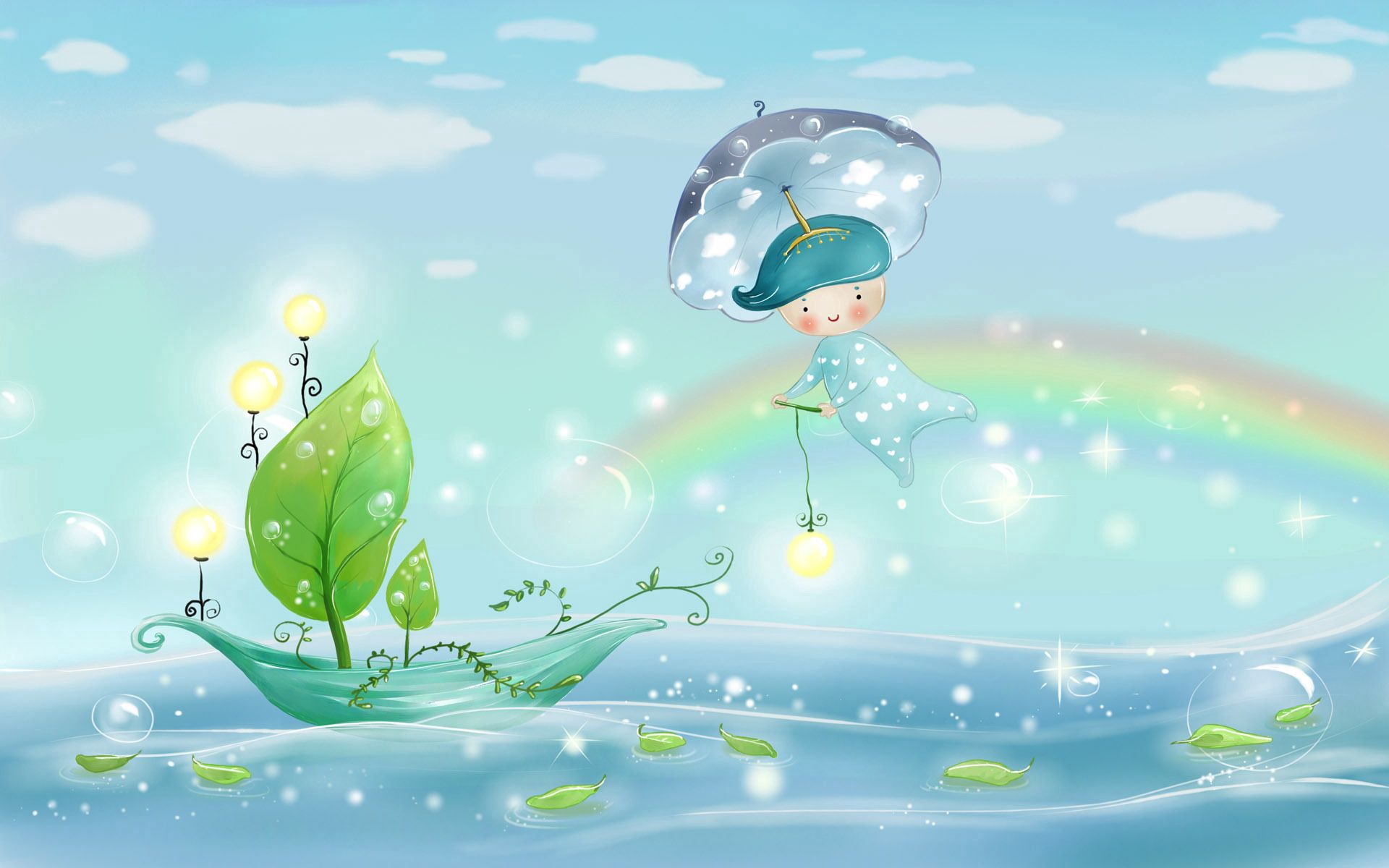 weather, drawing, nature, bubbles, vector, rain, picture, boat, lanterns, water, sky, leaves, sea, clouds, rainbow, lights, shine, light, sail, umbrella, boy