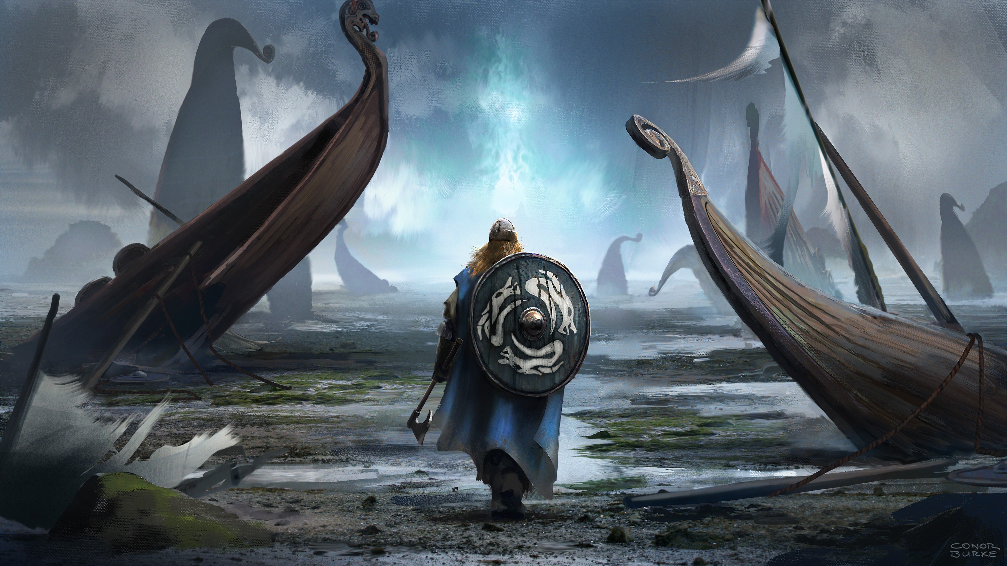 shield, viking, fantasy, drakkar, landscape, warrior mobile wallpaper