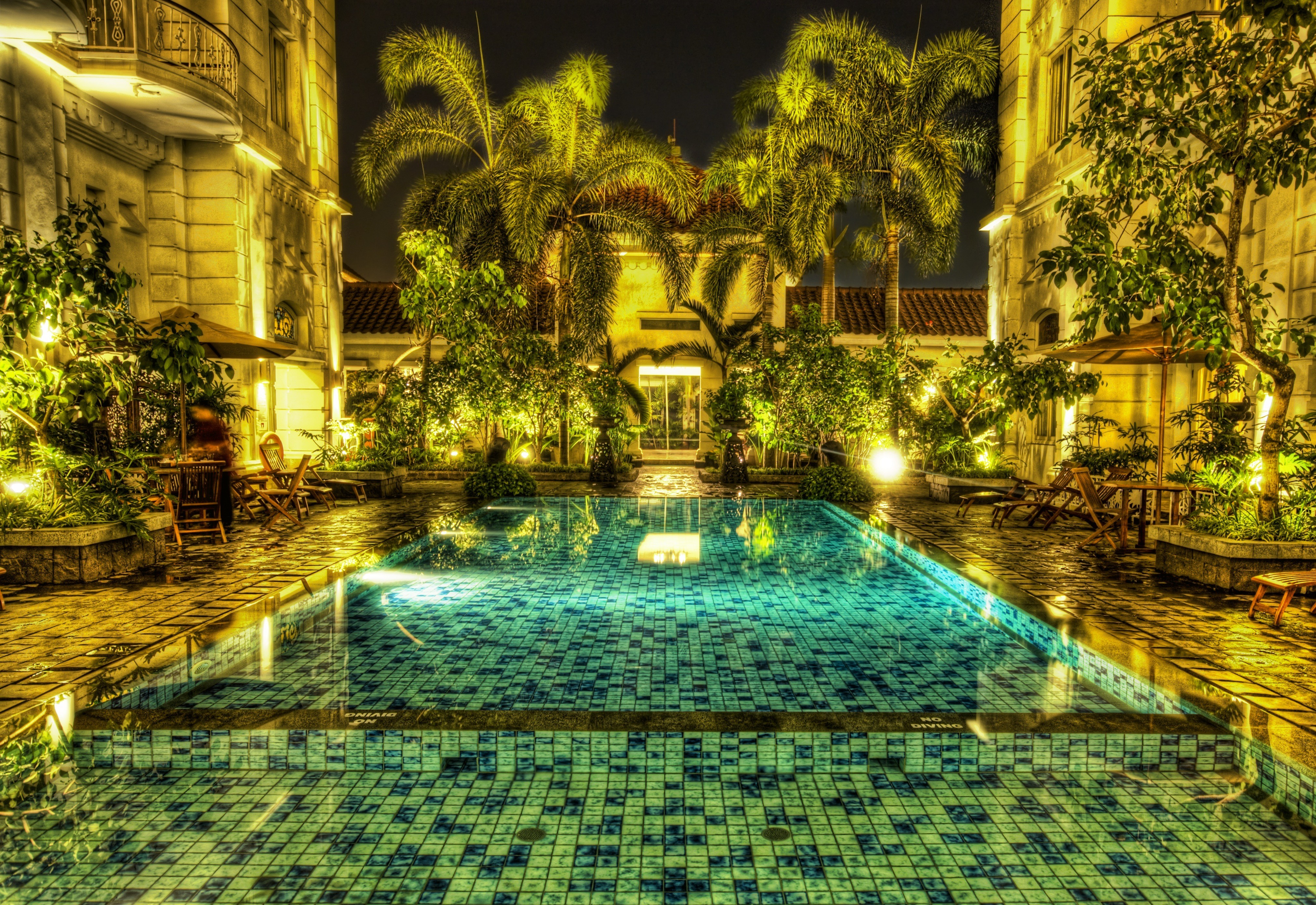 hdr, photography, indonesia, jakarta, mosaic, palm tree, pool
