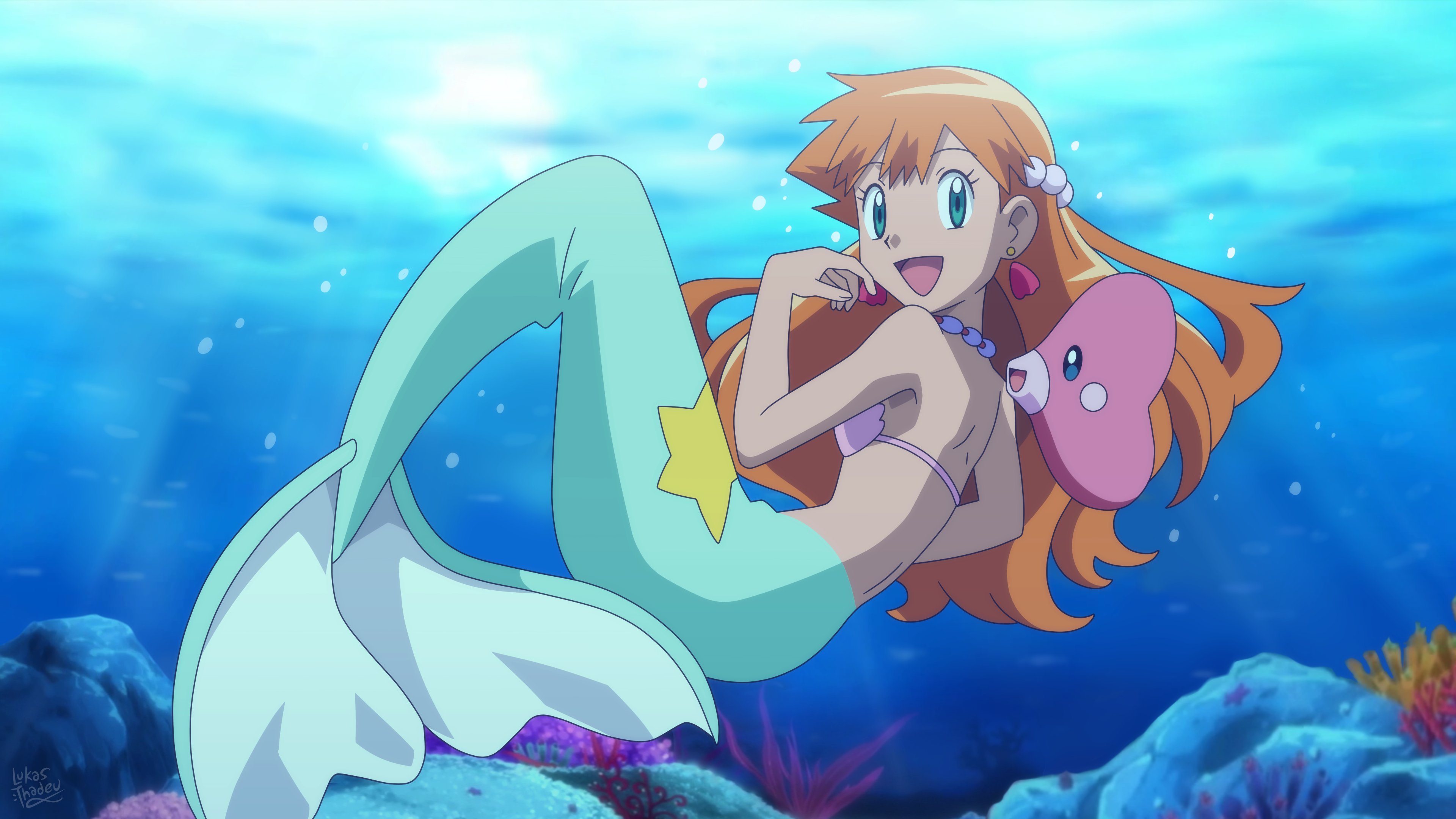 misty (pokémon), anime, pokémon, luvdisc (pokémon), mermaid, orange hair phone background