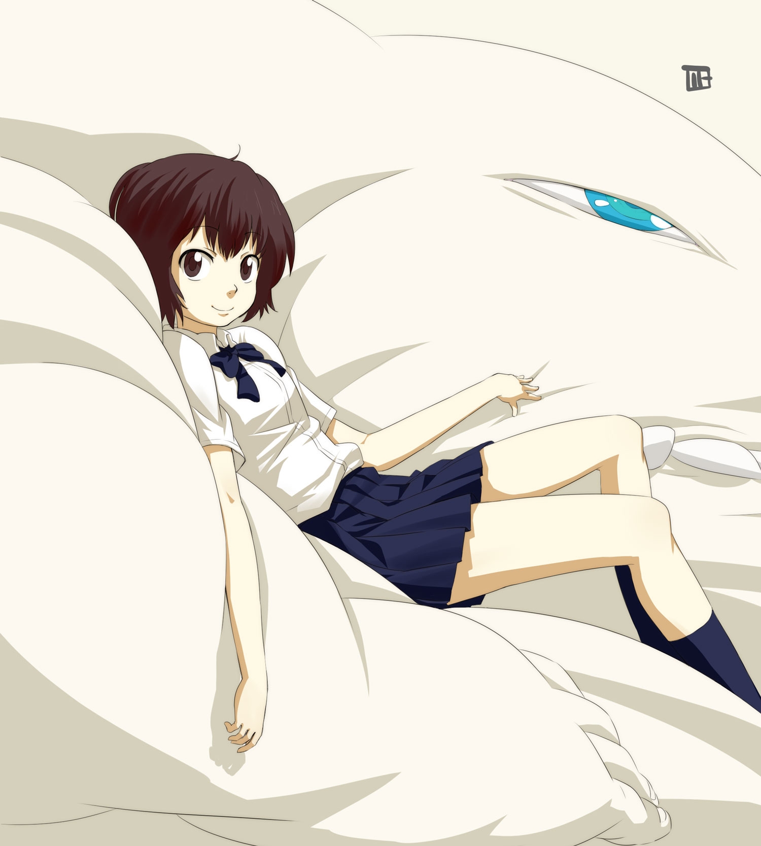Free download wallpaper Girl, Bed, Brunette, Pretty, Smile, Anime on your PC desktop