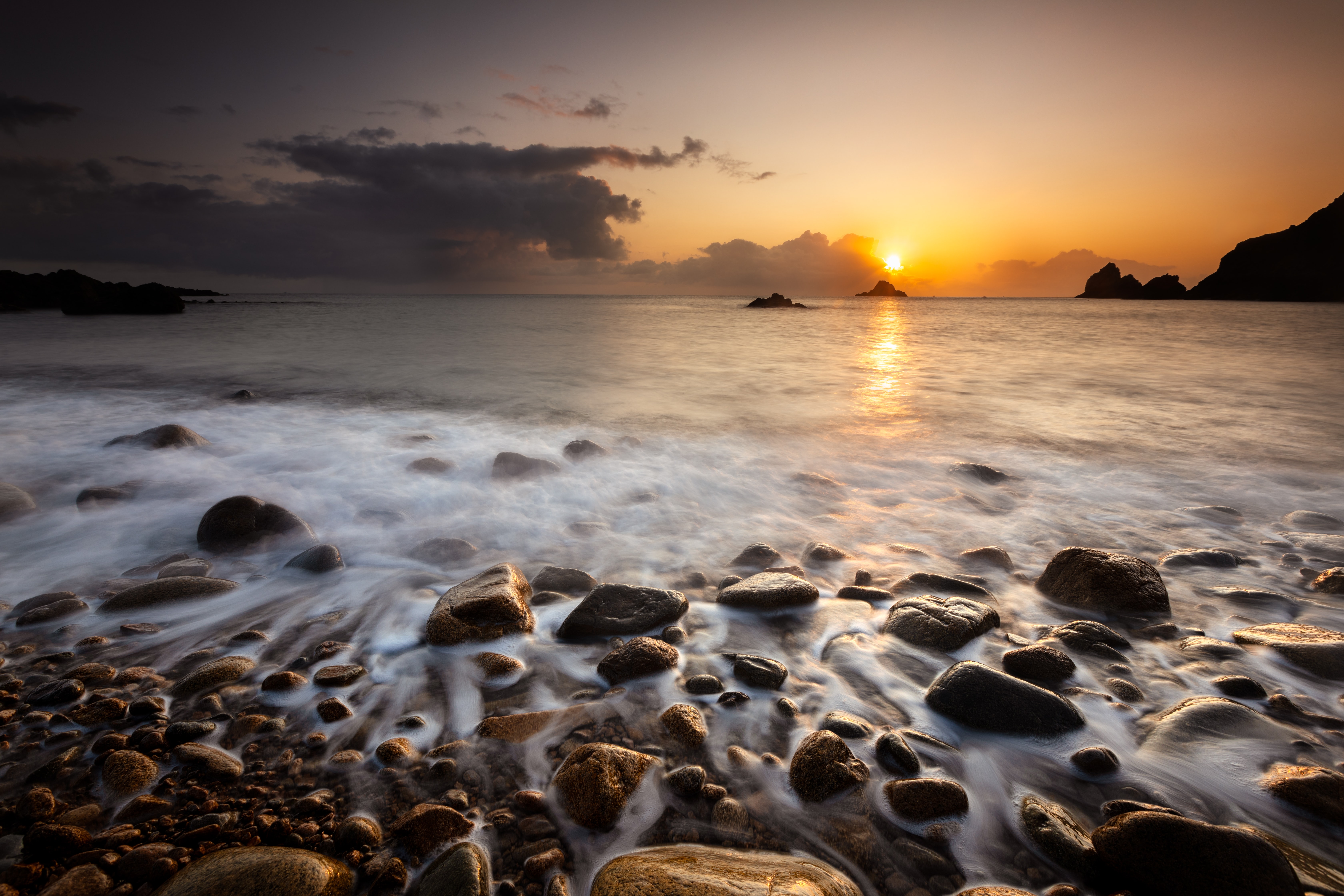 pebble, nature, sunset, stones, sea, horizon