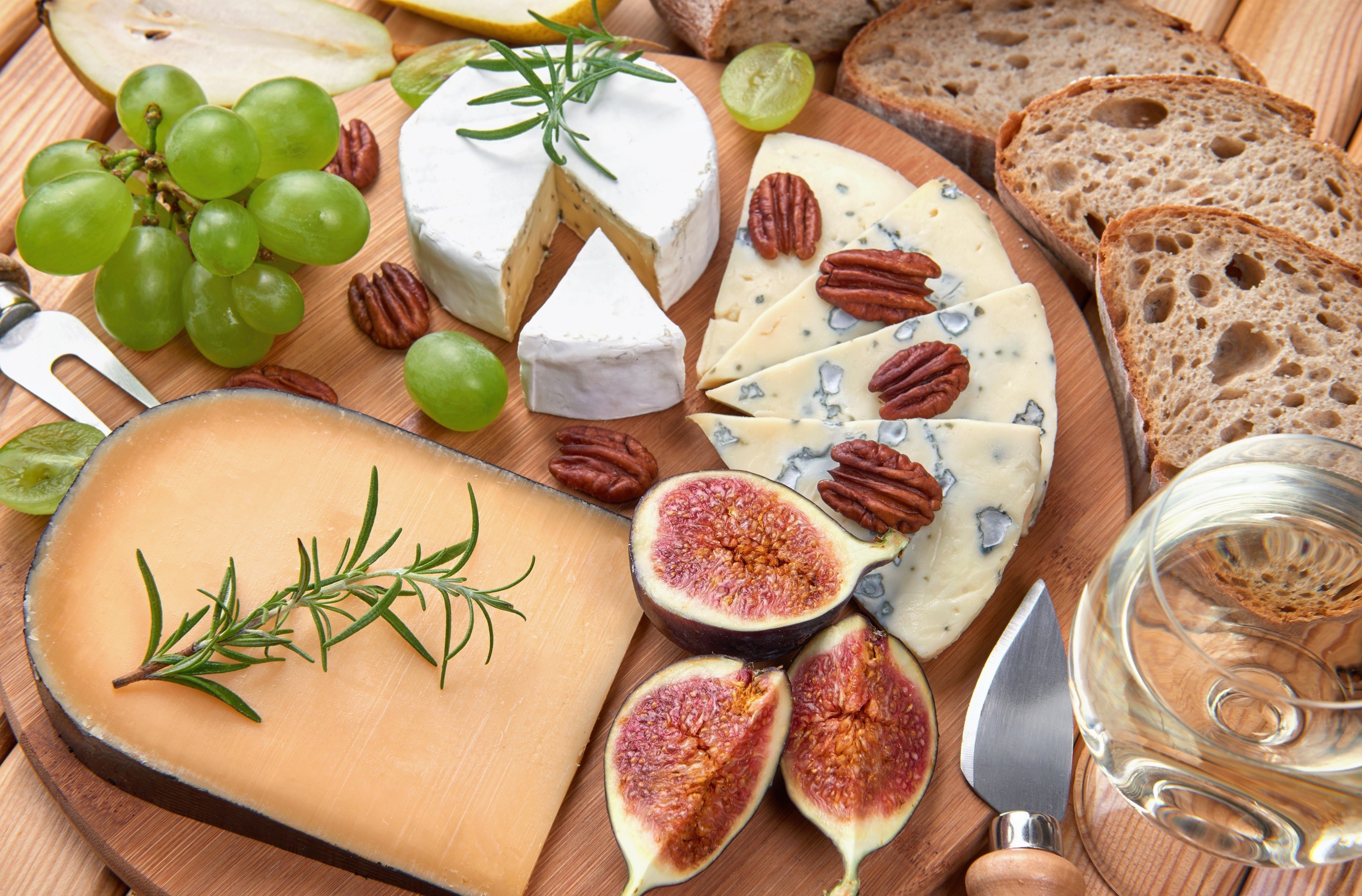 food, cheese, bread, fig, grapes, still life
