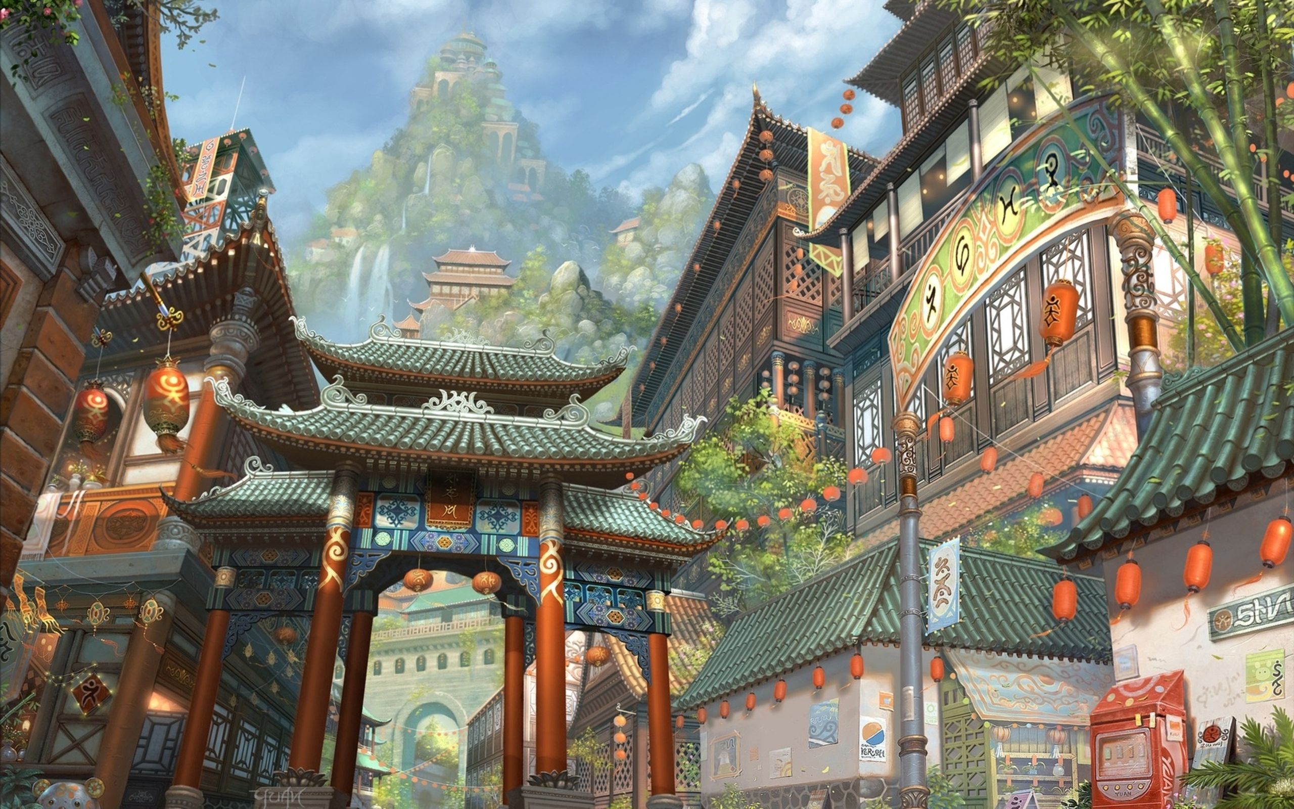 asia, building, miscellanea, art, waterfalls, city, lights, mountain, miscellaneous, lanterns, bamboo