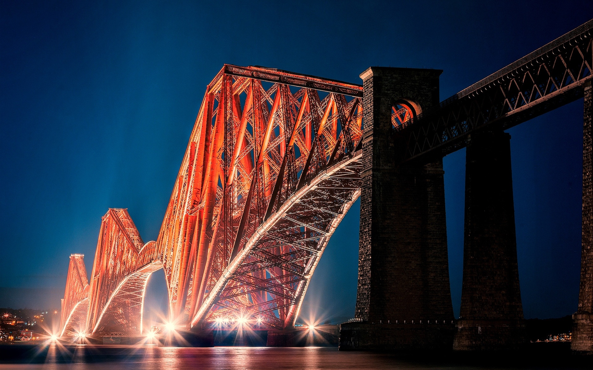 forth bridge, edinburgh, man made, bridge, light, night, scotland, bridges