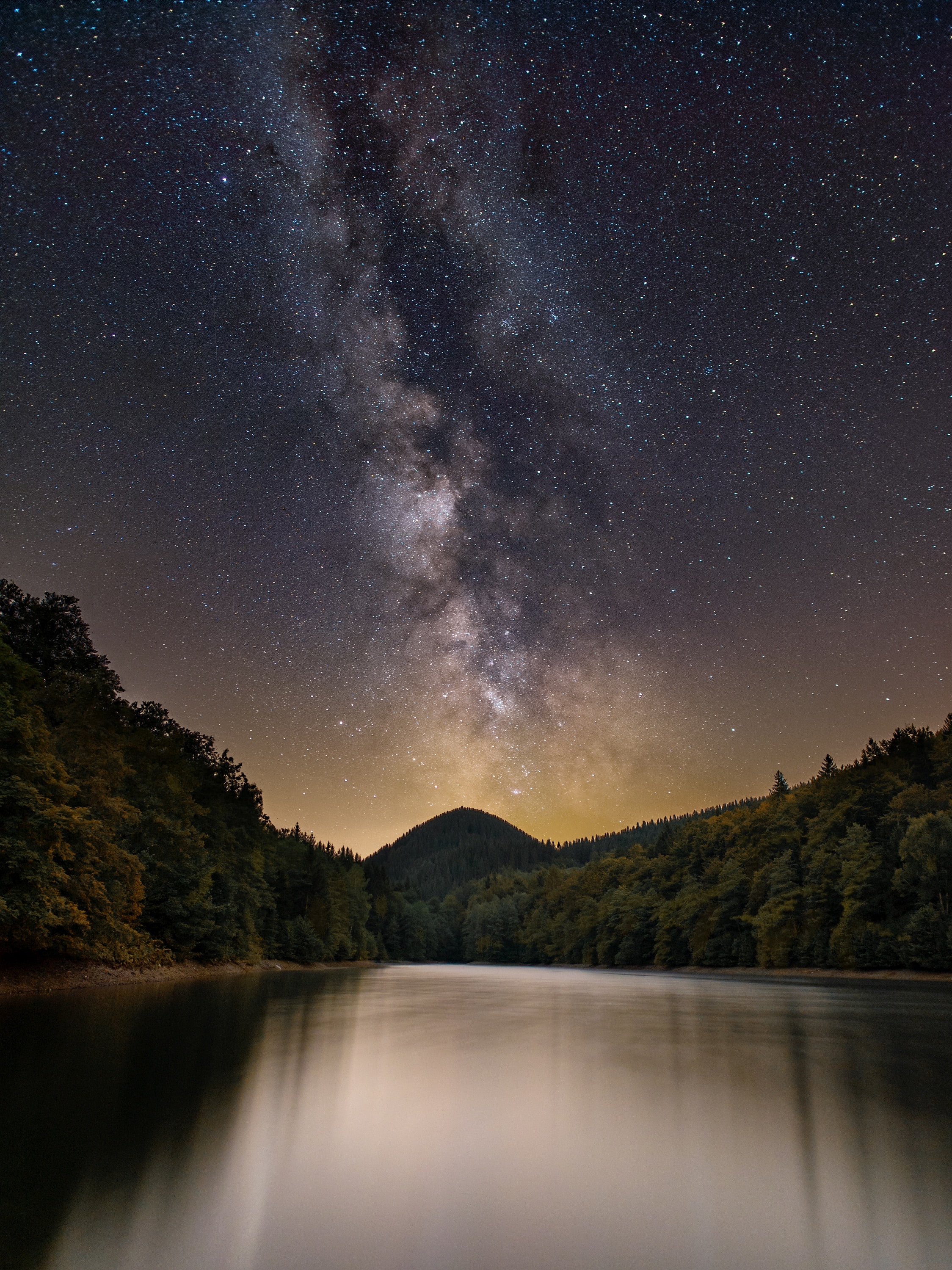 milky way, lake, nature, trees, mountain, starry sky Phone Background
