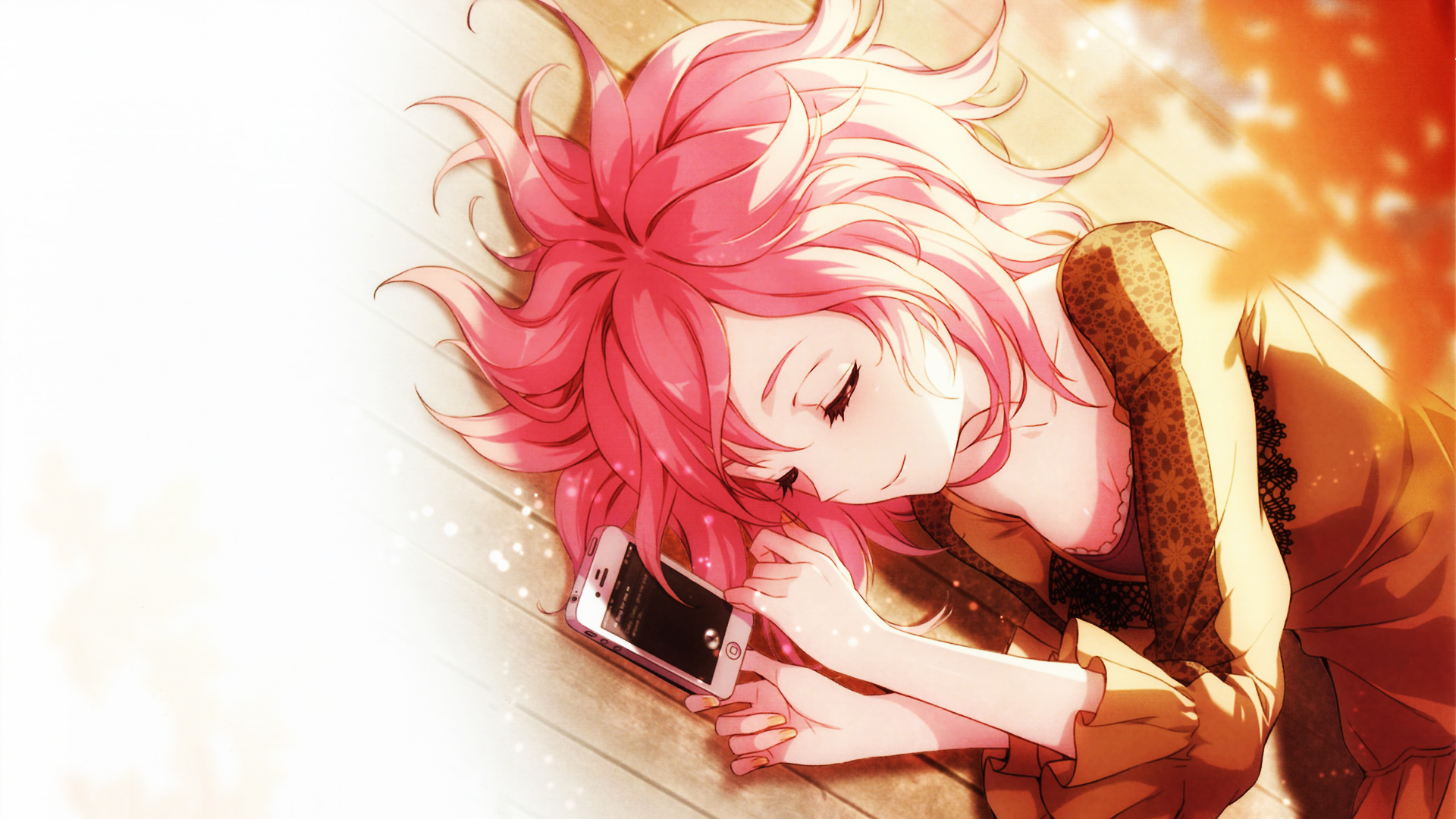 short hair, girl, anime, sleeping, phone, pink hair