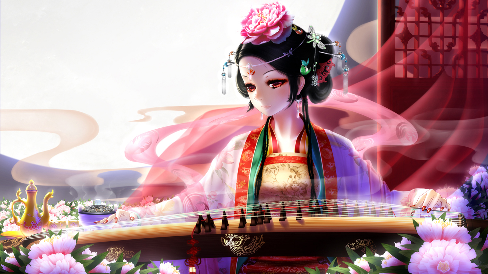 Full HD Wallpaper anime, geisha, cute, flower, instrument, red eyes, tattoo