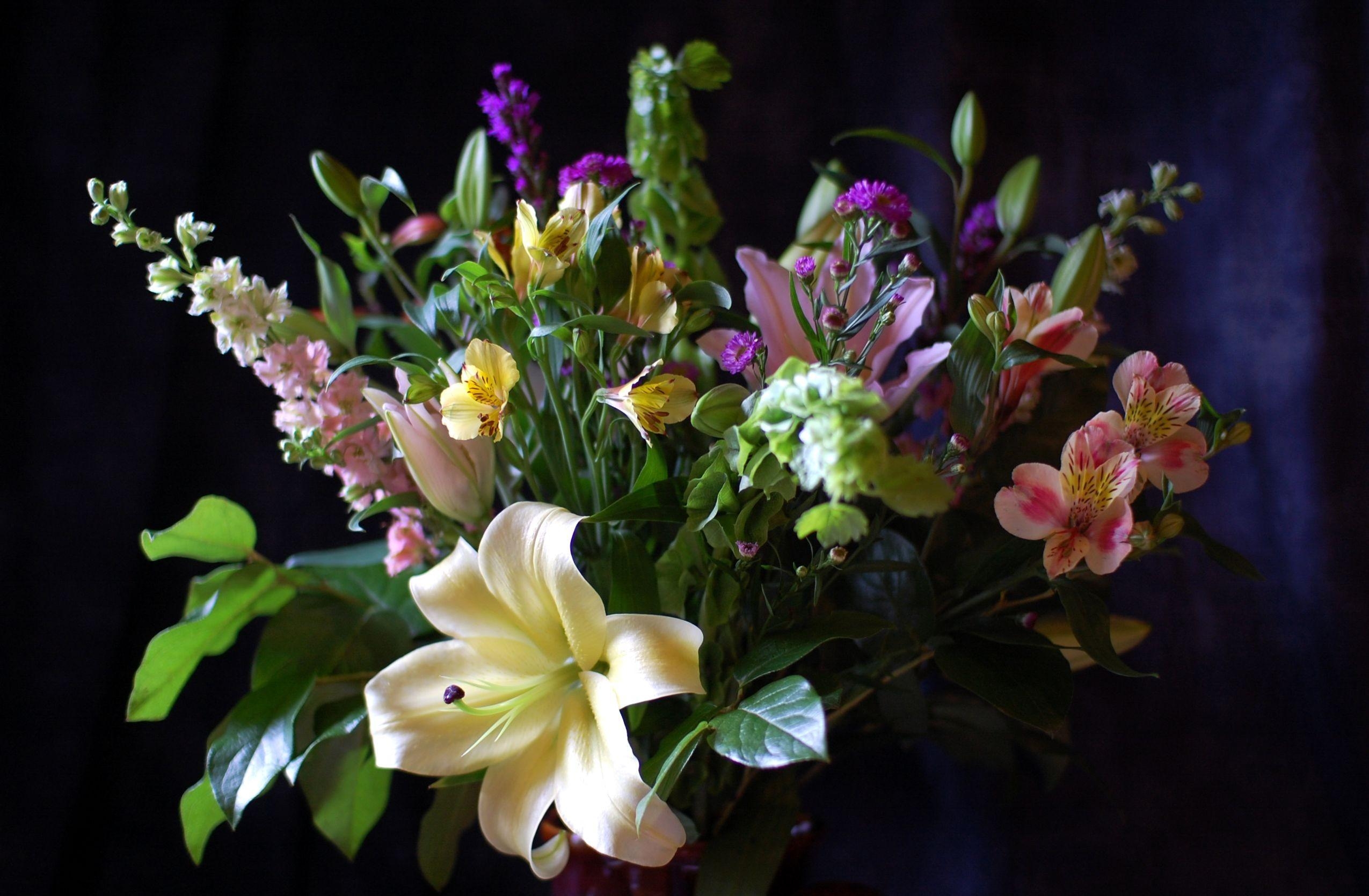 flowers, leaves, alstroemeria, bouquet, lily, composition 4K
