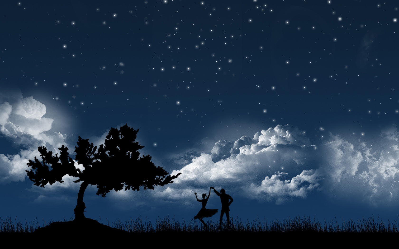 dance, people, trees, sky, stars, night, clouds, pictures, blue mobile wallpaper