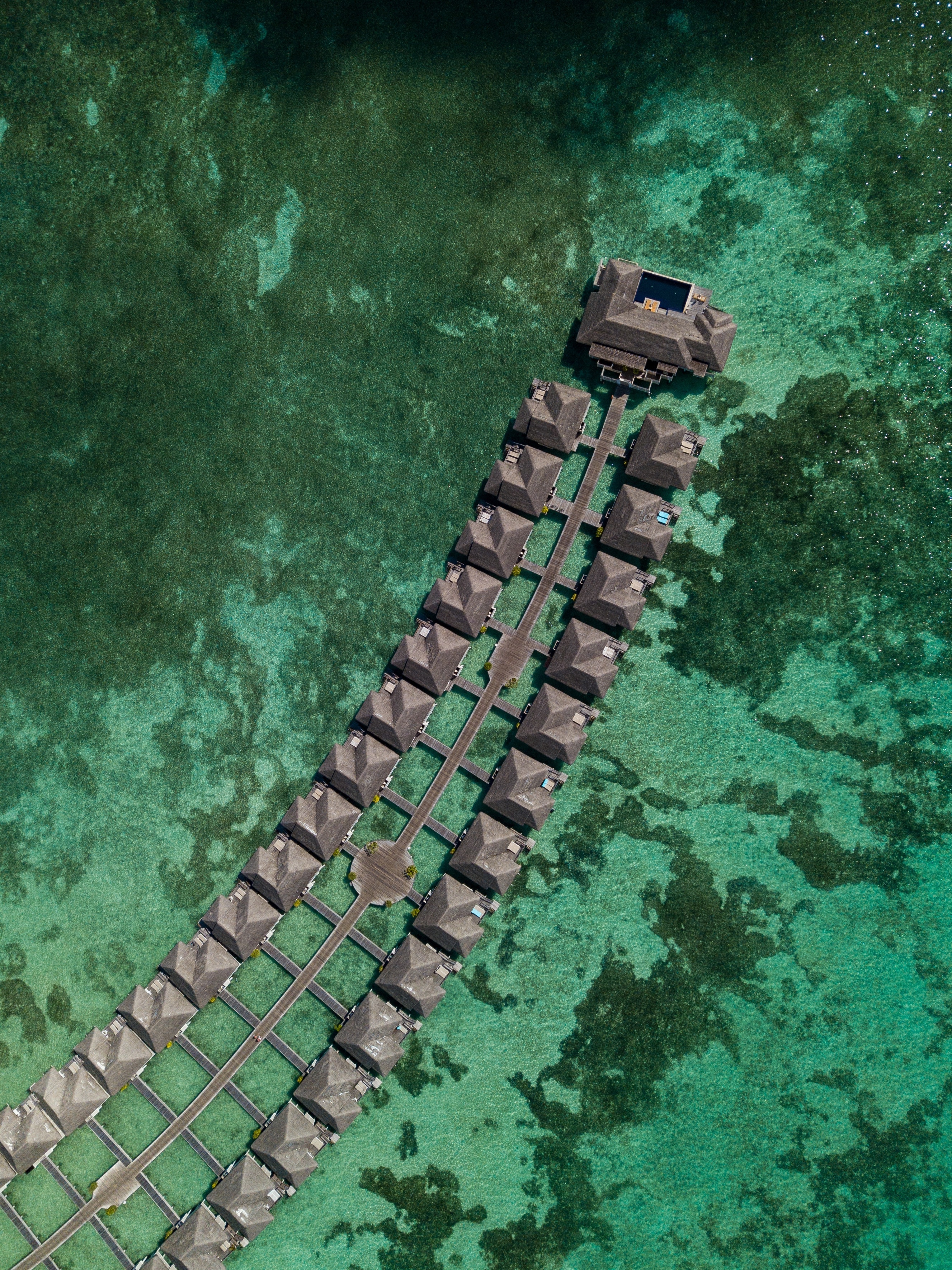 Download mobile wallpaper View From Above, Water, Ocean, Nature, Bungalow, Tropics for free.
