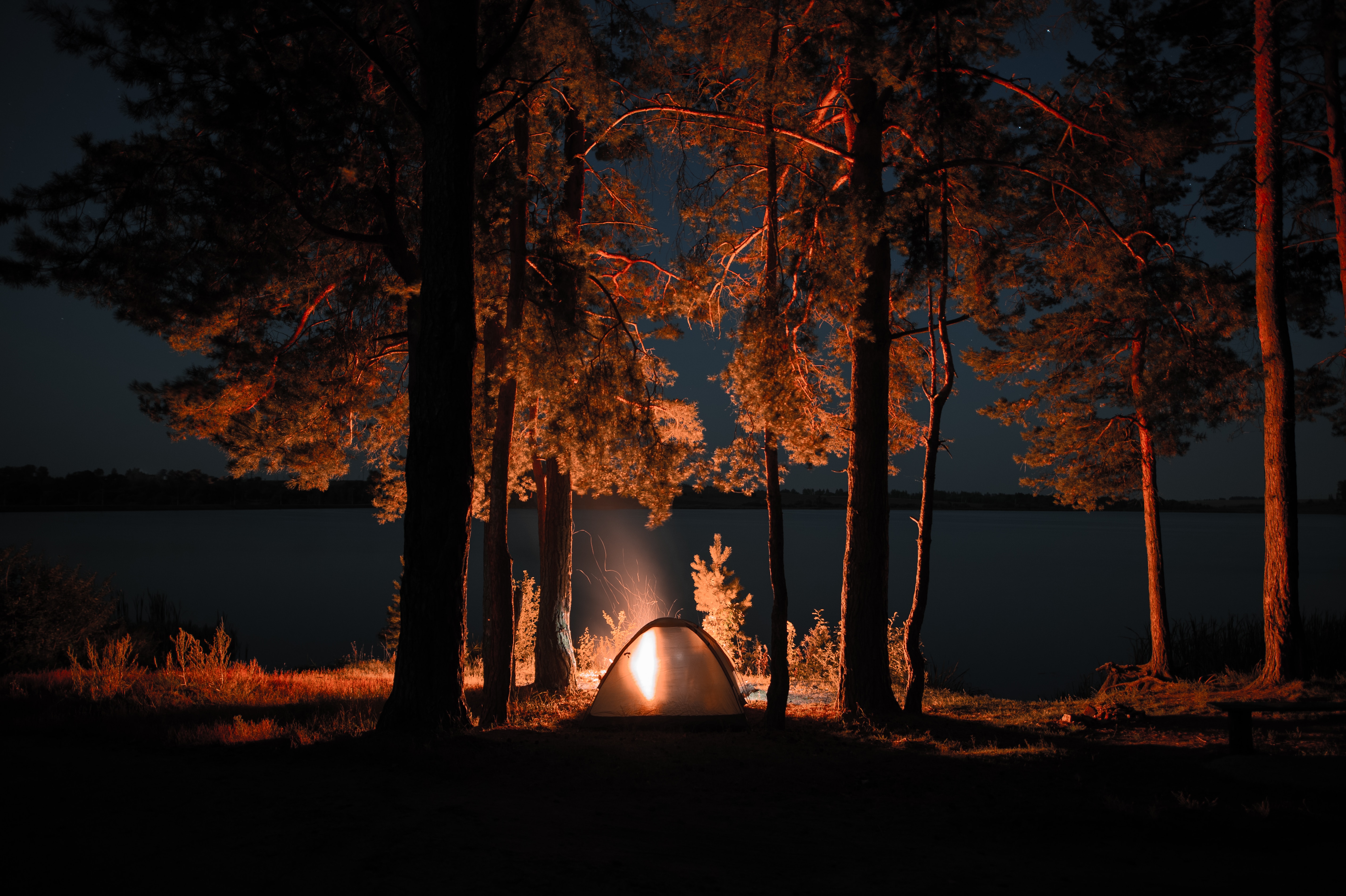 camping, dark, tent, night, nature, bonfire, campsite