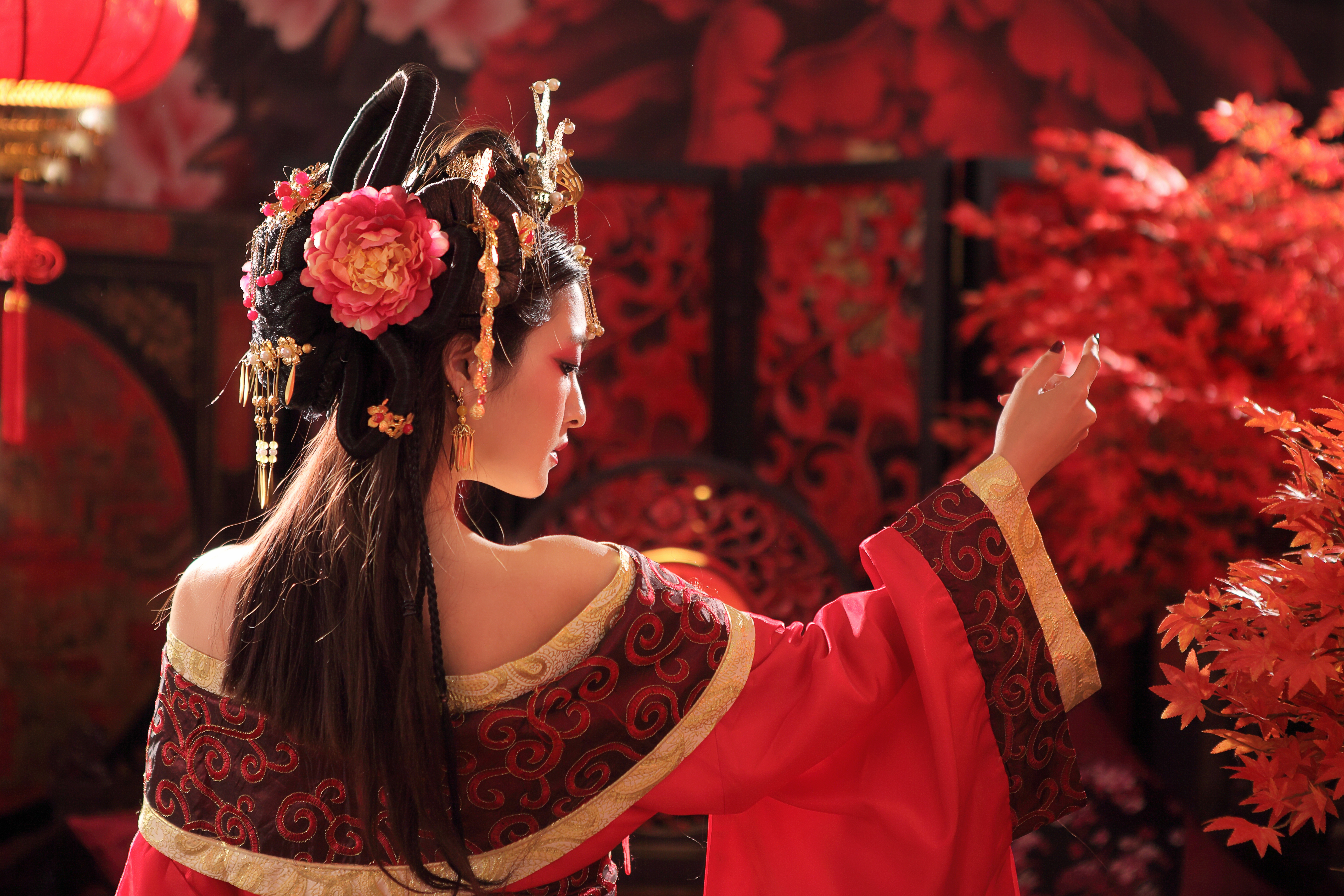 women, asian, bonsai, flower, hair dress, rear, taiwanese, traditional costume