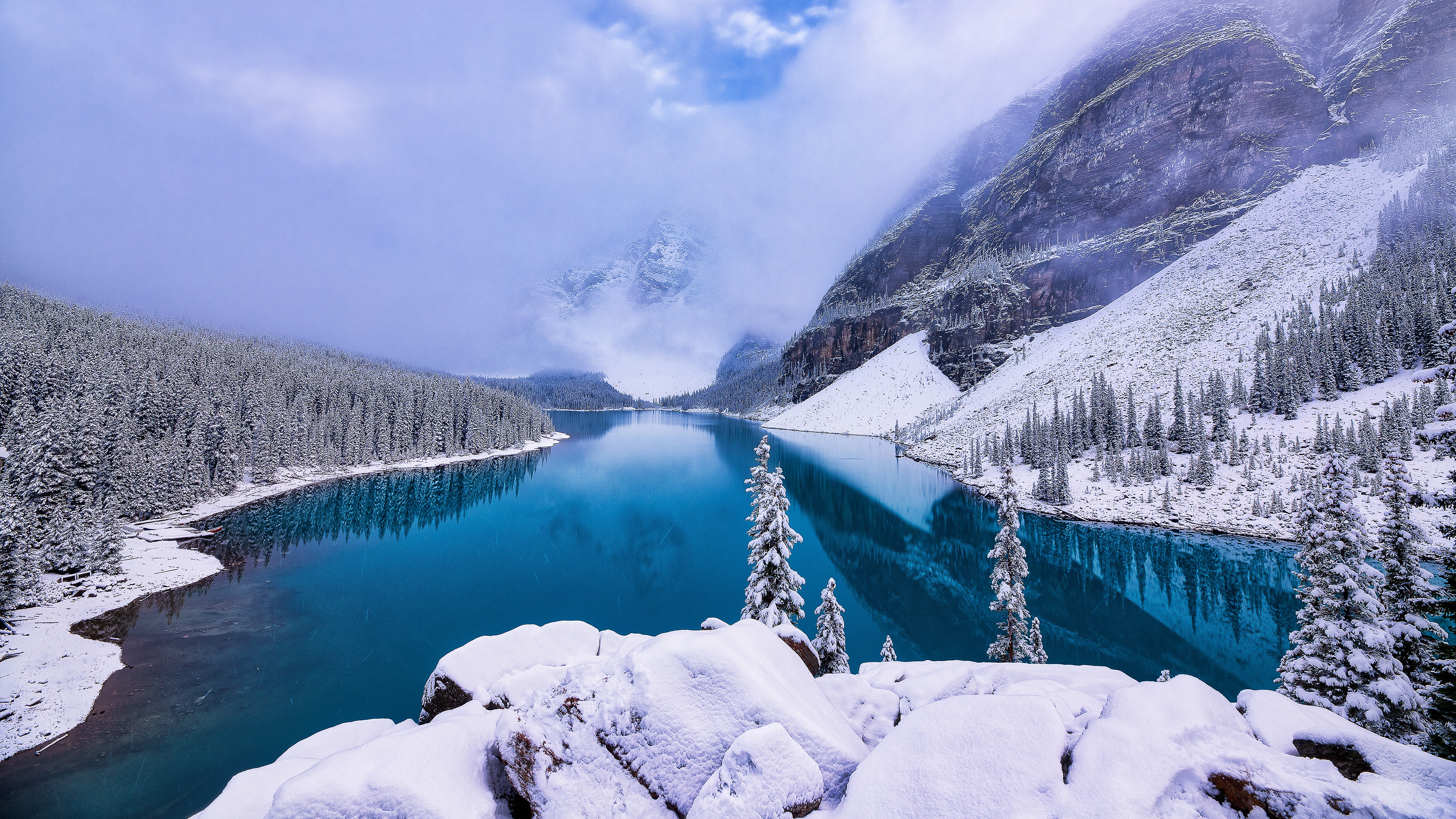 canada, spruce, earth, winter, alberta, forest, lake, mountain, snow 1080p