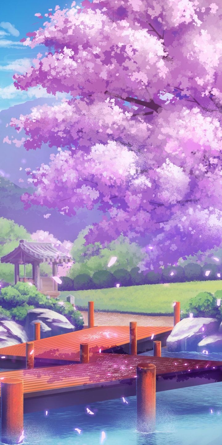 Download mobile wallpaper Anime, Water, Sakura, House for free.