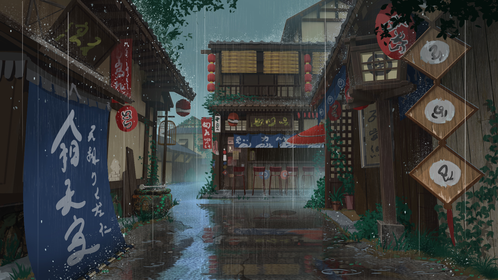 Дождливый японский город стиль